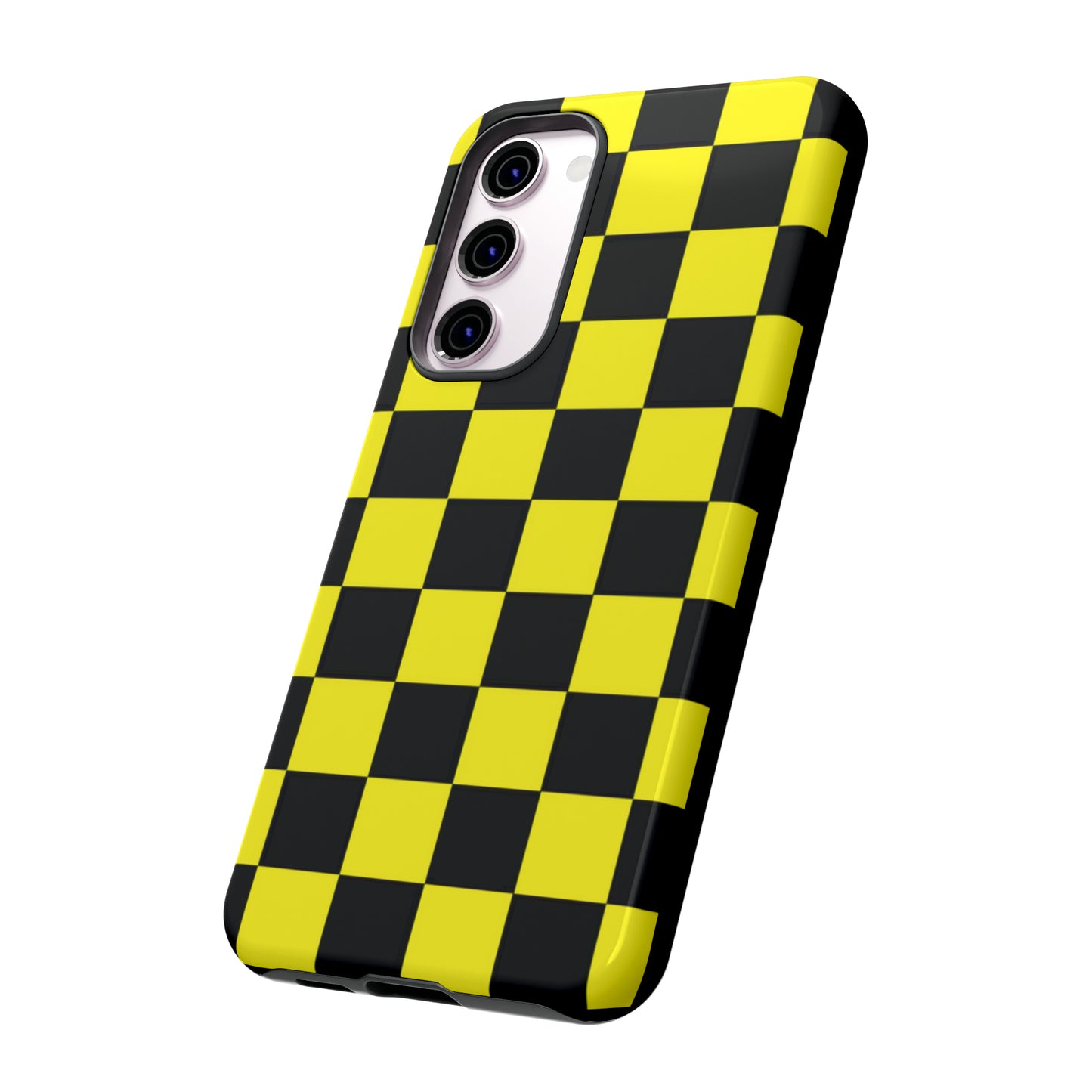 Yellow and Black Checkers with Black background: 46-Tough Case iPhone series 15 14 13 12 11 X XR XS 8: Google series 7 6 5: Samsung series S23 S22 S21 S20 S10