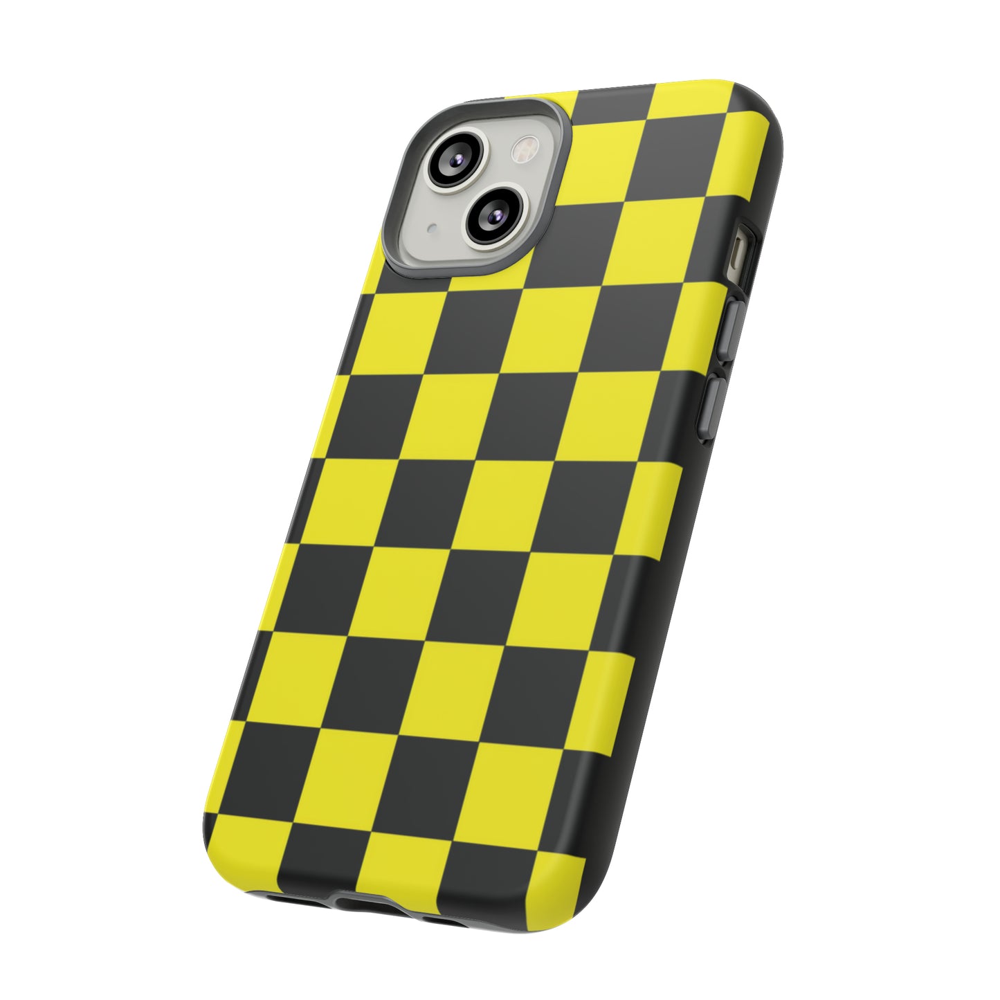 Yellow and Black Checkers with Black background: 46-Tough Case iPhone series 15 14 13 12 11 X XR XS 8: Google series 7 6 5: Samsung series S23 S22 S21 S20 S10