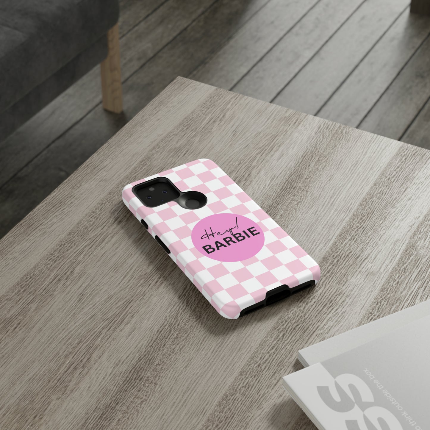 Pink and White Hey Barbie: 46-Tough Case iPhone series 15 14 13 12 11 X XR XS 8: Google series 7 6 5: Samsung series S23 S22 S21 S20 S10