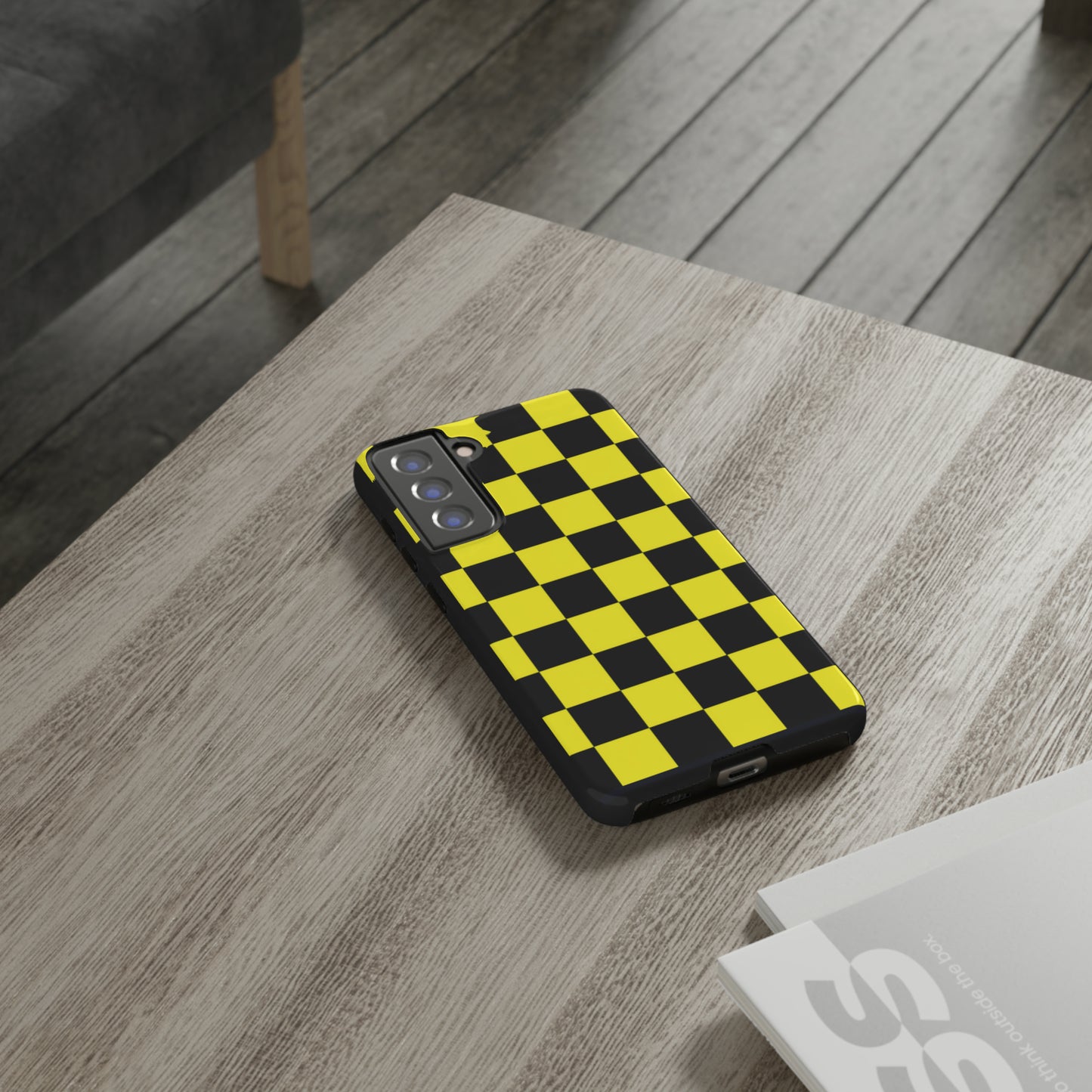 Yellow and Black Checkers with Black background: 46-Tough Case iPhone series 15 14 13 12 11 X XR XS 8: Google series 7 6 5: Samsung series S23 S22 S21 S20 S10