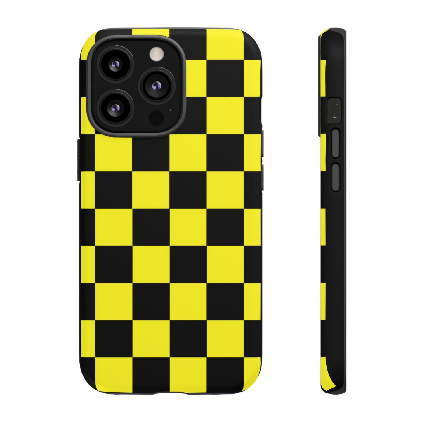 Yellow and Black Checkers with Black background: 46-Tough Case iPhone series 15 14 13 12 11 X XR XS 8: Google series 7 6 5: Samsung series S23 S22 S21 S20 S10