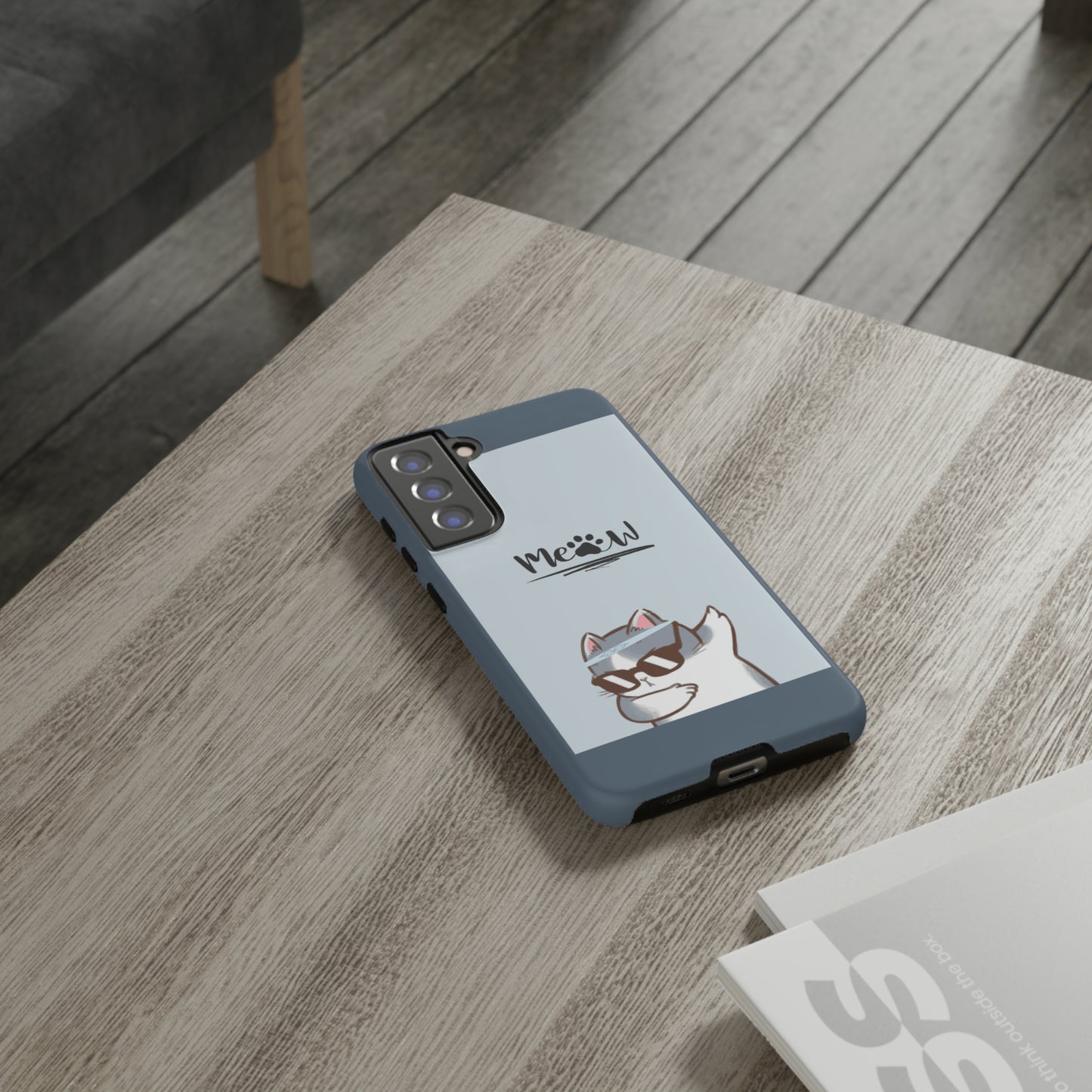 Cats Meow with slate blue background: 46-Tough Case iPhone series 15 14 13 12 11 X XR XS 8: Google series 7 6 5: Samsung series S23 S22 S21 S20 S10