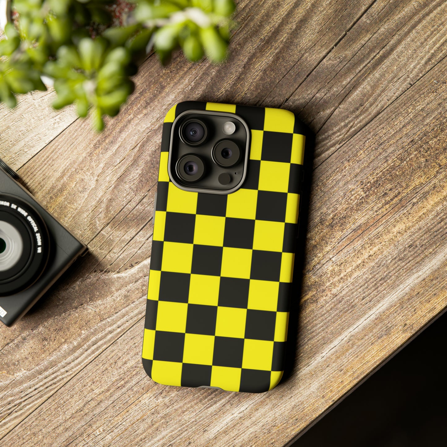 Yellow and Black Checkers with Black background: 46-Tough Case iPhone series 15 14 13 12 11 X XR XS 8: Google series 7 6 5: Samsung series S23 S22 S21 S20 S10