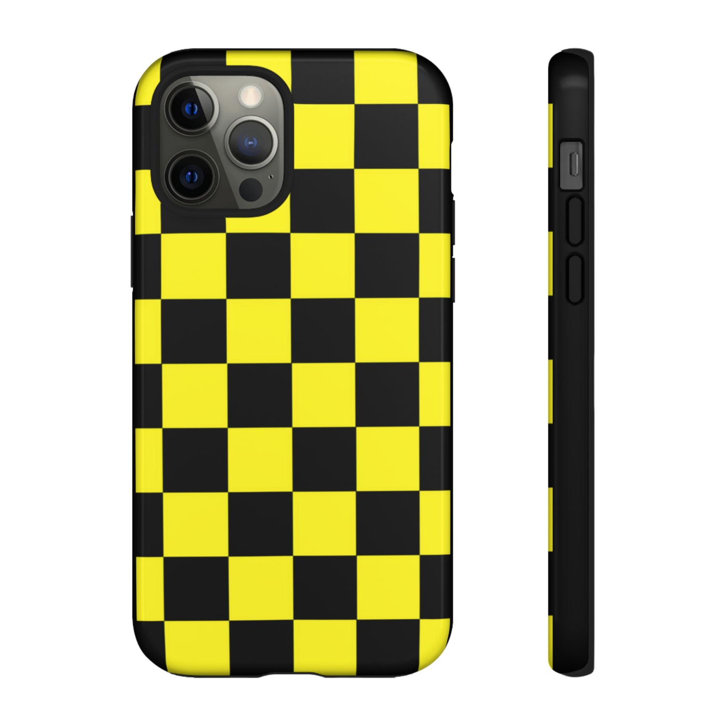 Yellow and Black Checkers with Black background: 46-Tough Case iPhone series 15 14 13 12 11 X XR XS 8: Google series 7 6 5: Samsung series S23 S22 S21 S20 S10