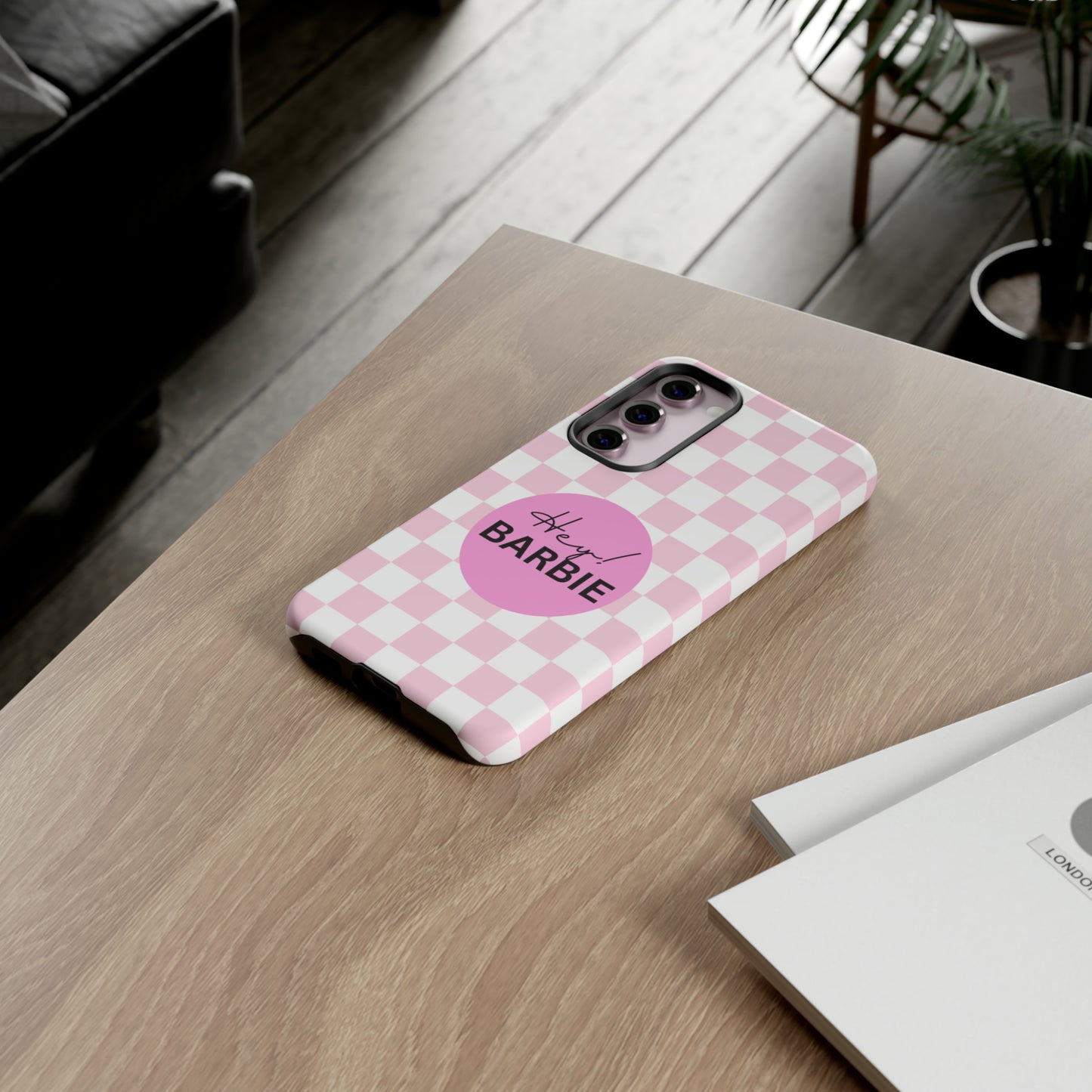 Pink and White Hey Barbie: 46-Tough Case iPhone series 15 14 13 12 11 X XR XS 8: Google series 7 6 5: Samsung series S23 S22 S21 S20 S10