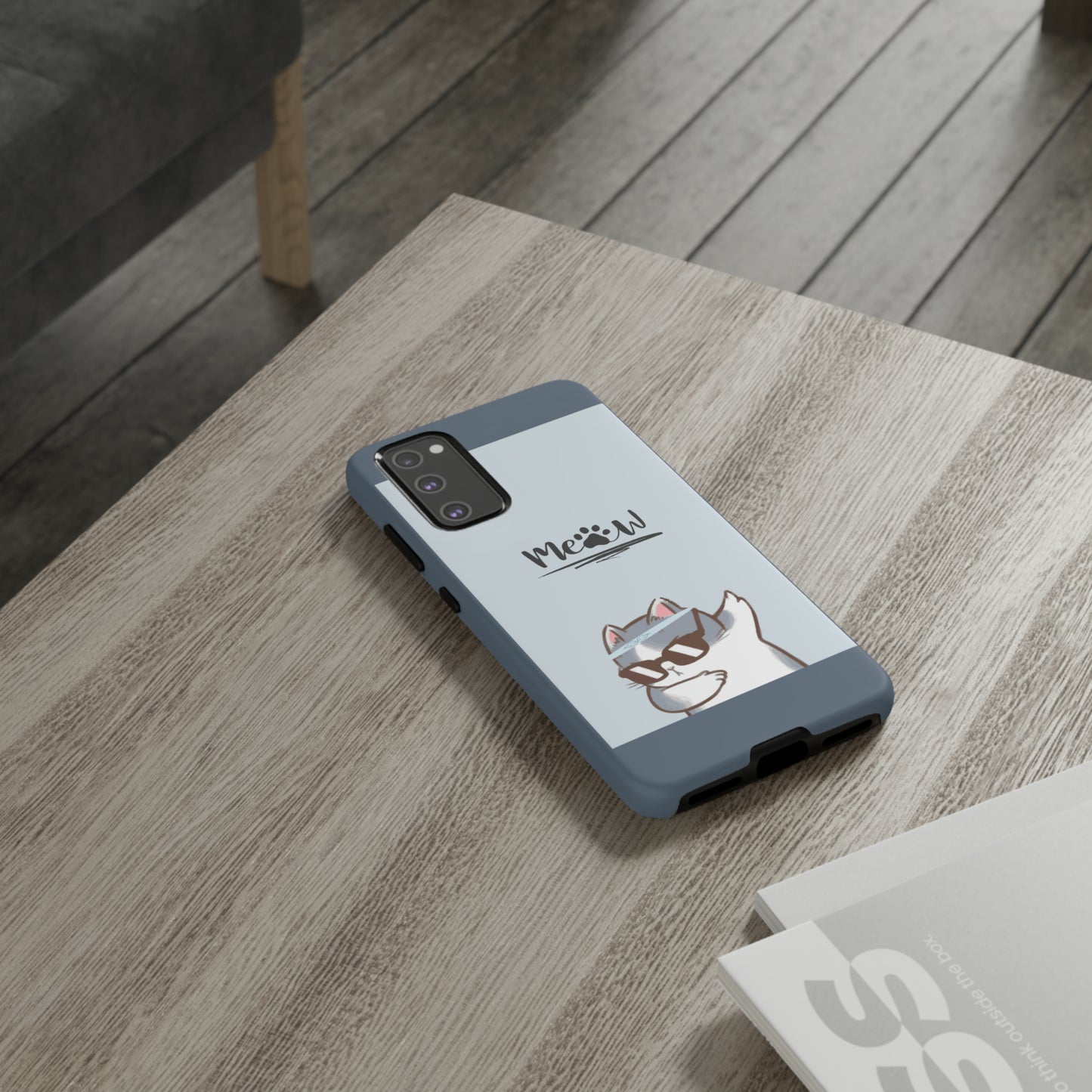 Cats Meow with slate blue background: 46-Tough Case iPhone series 15 14 13 12 11 X XR XS 8: Google series 7 6 5: Samsung series S23 S22 S21 S20 S10