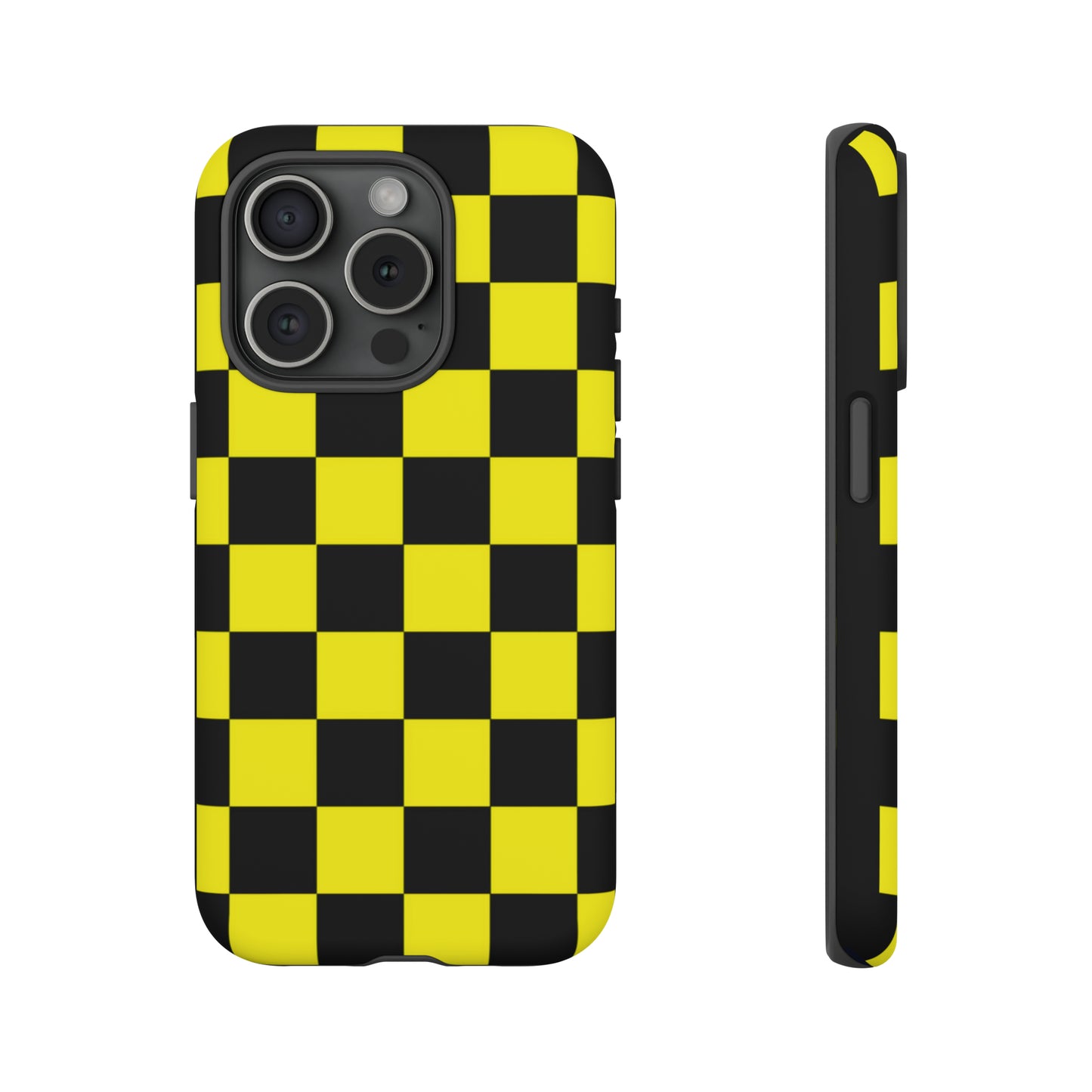 Yellow and Black Checkers with Black background: 46-Tough Case iPhone series 15 14 13 12 11 X XR XS 8: Google series 7 6 5: Samsung series S23 S22 S21 S20 S10