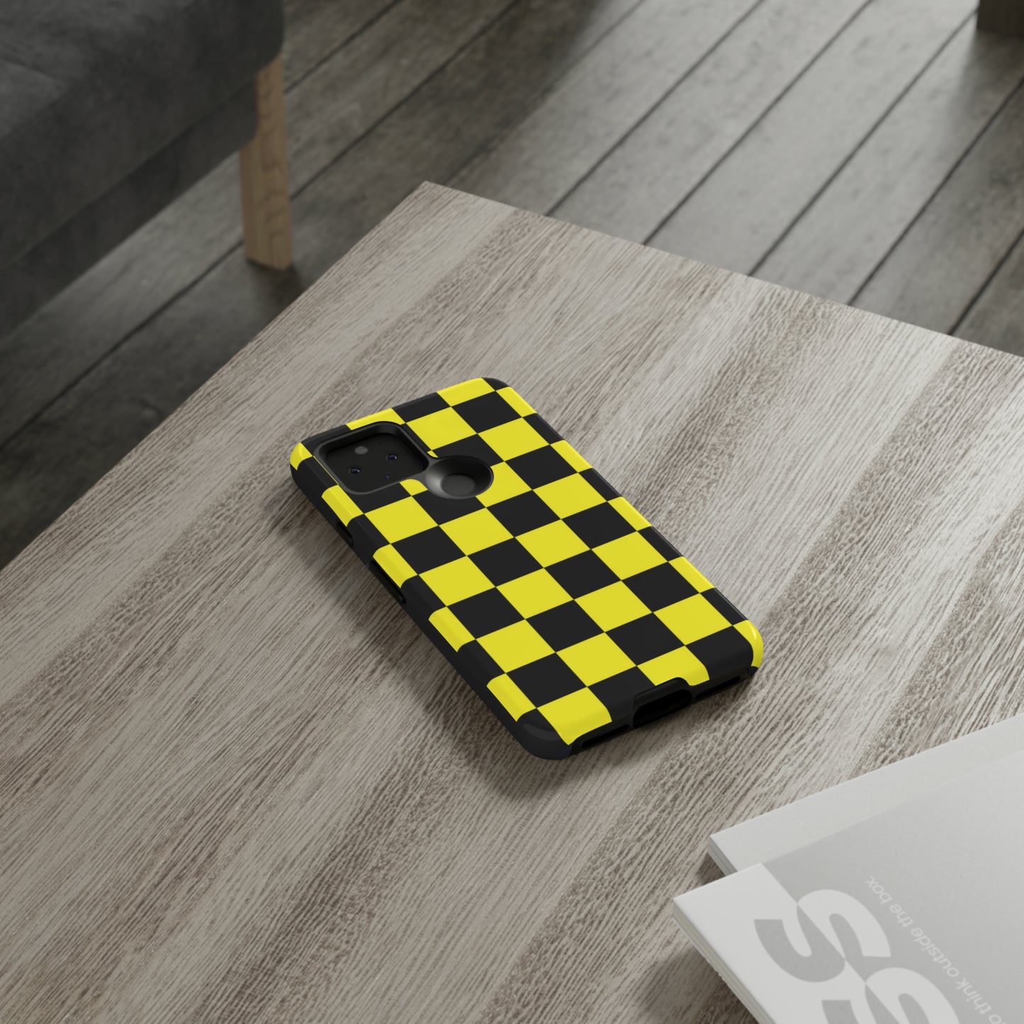 Yellow and Black Checkers with Black background: 46-Tough Case iPhone series 15 14 13 12 11 X XR XS 8: Google series 7 6 5: Samsung series S23 S22 S21 S20 S10