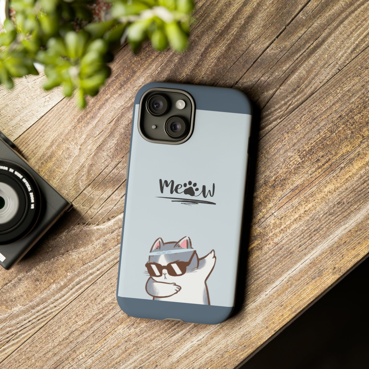 Cats Meow with slate blue background: 46-Tough Case iPhone series 15 14 13 12 11 X XR XS 8: Google series 7 6 5: Samsung series S23 S22 S21 S20 S10