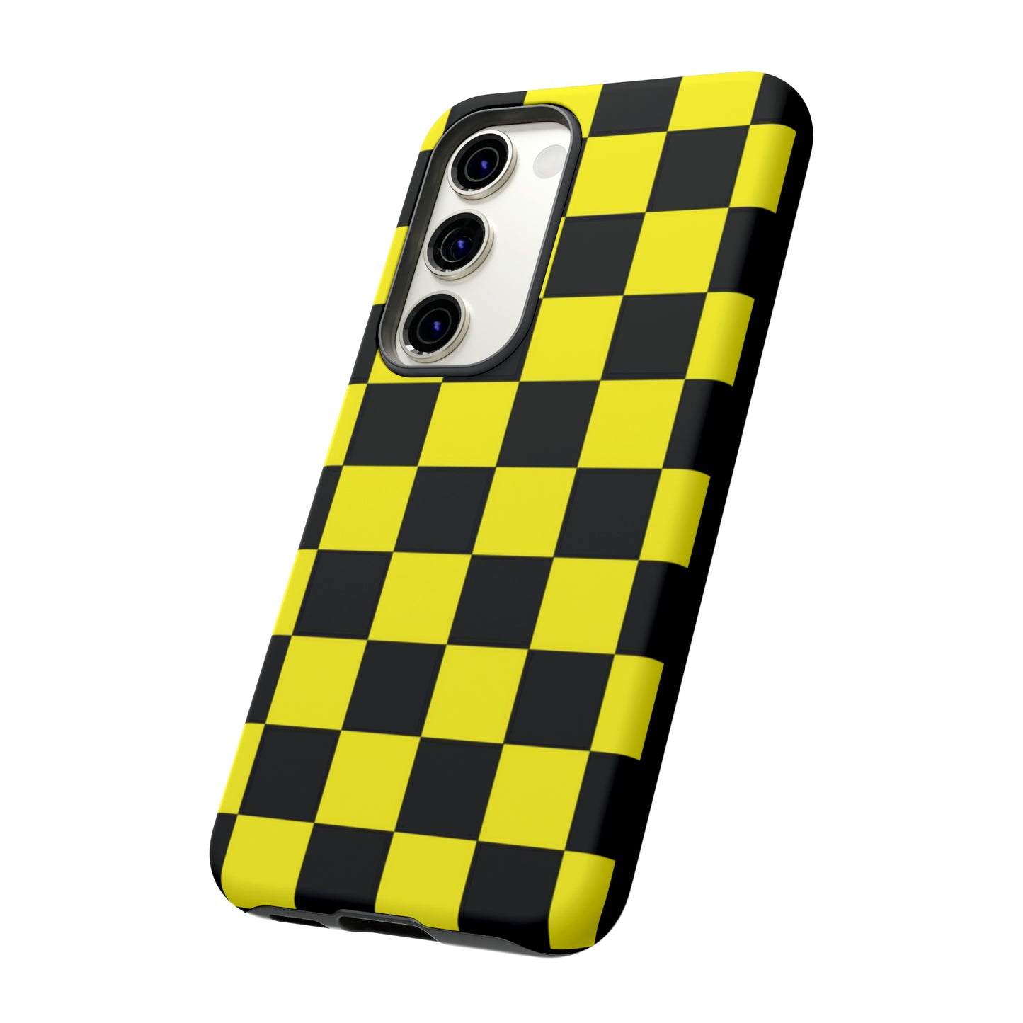 Yellow and Black Checkers with Black background: 46-Tough Case iPhone series 15 14 13 12 11 X XR XS 8: Google series 7 6 5: Samsung series S23 S22 S21 S20 S10