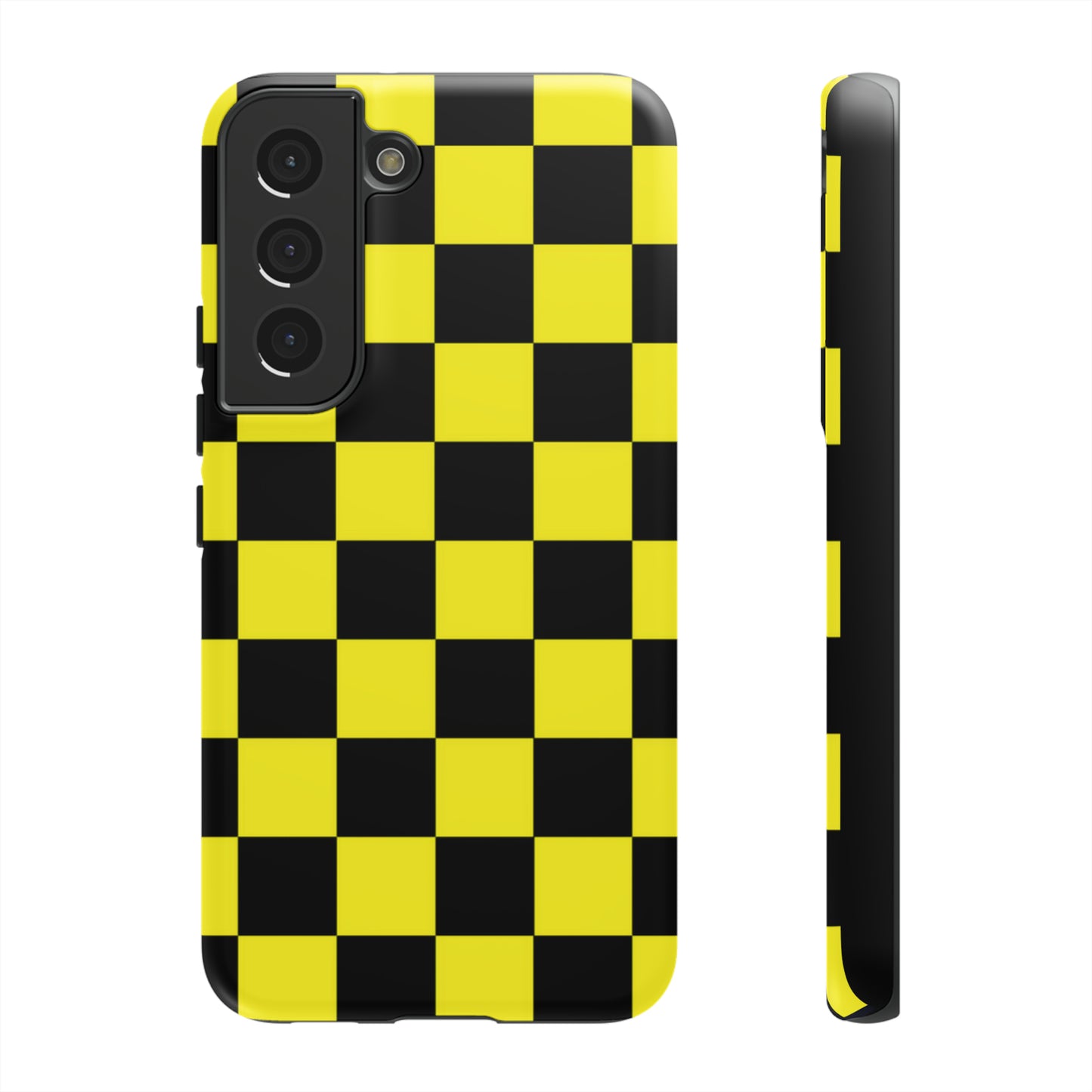 Yellow and Black Checkers with Black background: 46-Tough Case iPhone series 15 14 13 12 11 X XR XS 8: Google series 7 6 5: Samsung series S23 S22 S21 S20 S10