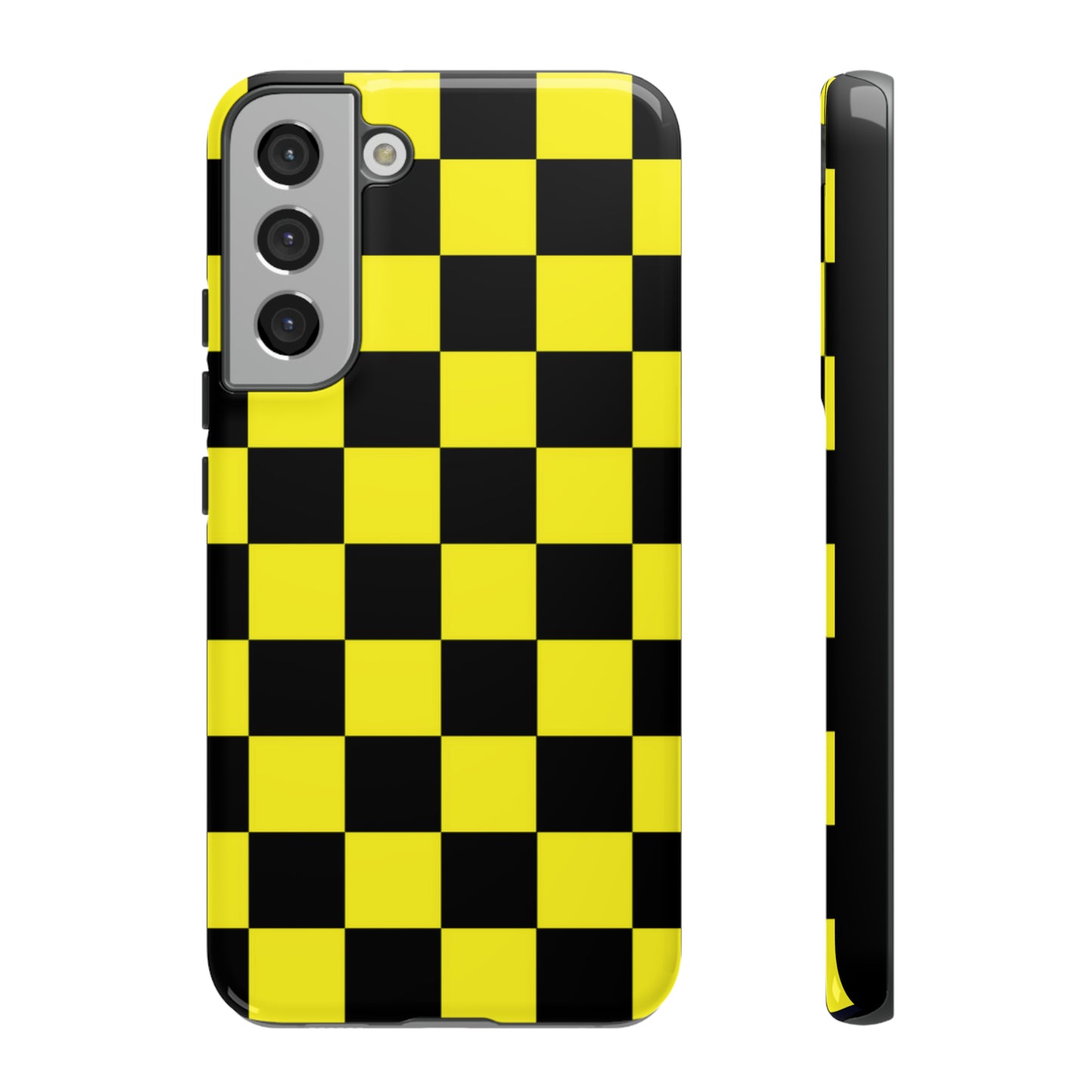 Yellow and Black Checkers with Black background: 46-Tough Case iPhone series 15 14 13 12 11 X XR XS 8: Google series 7 6 5: Samsung series S23 S22 S21 S20 S10