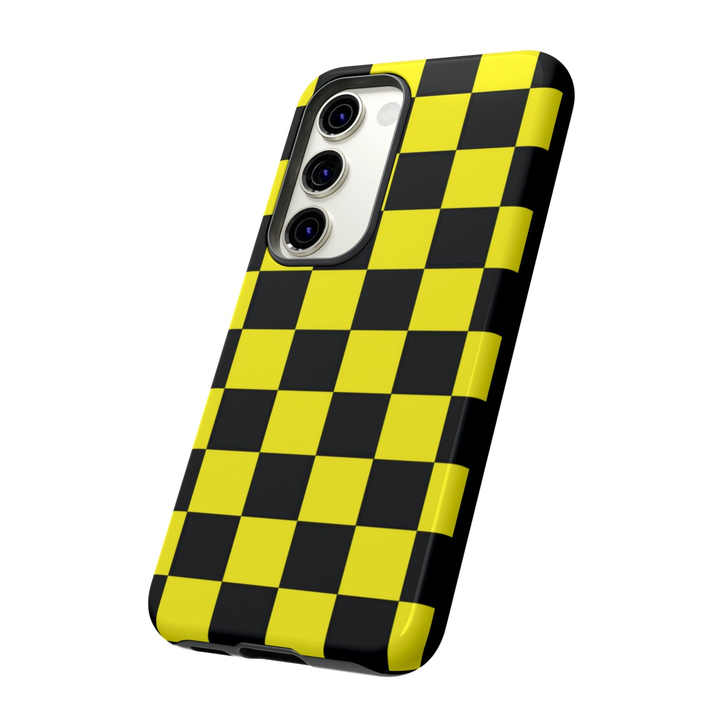 Yellow and Black Checkers with Black background: 46-Tough Case iPhone series 15 14 13 12 11 X XR XS 8: Google series 7 6 5: Samsung series S23 S22 S21 S20 S10