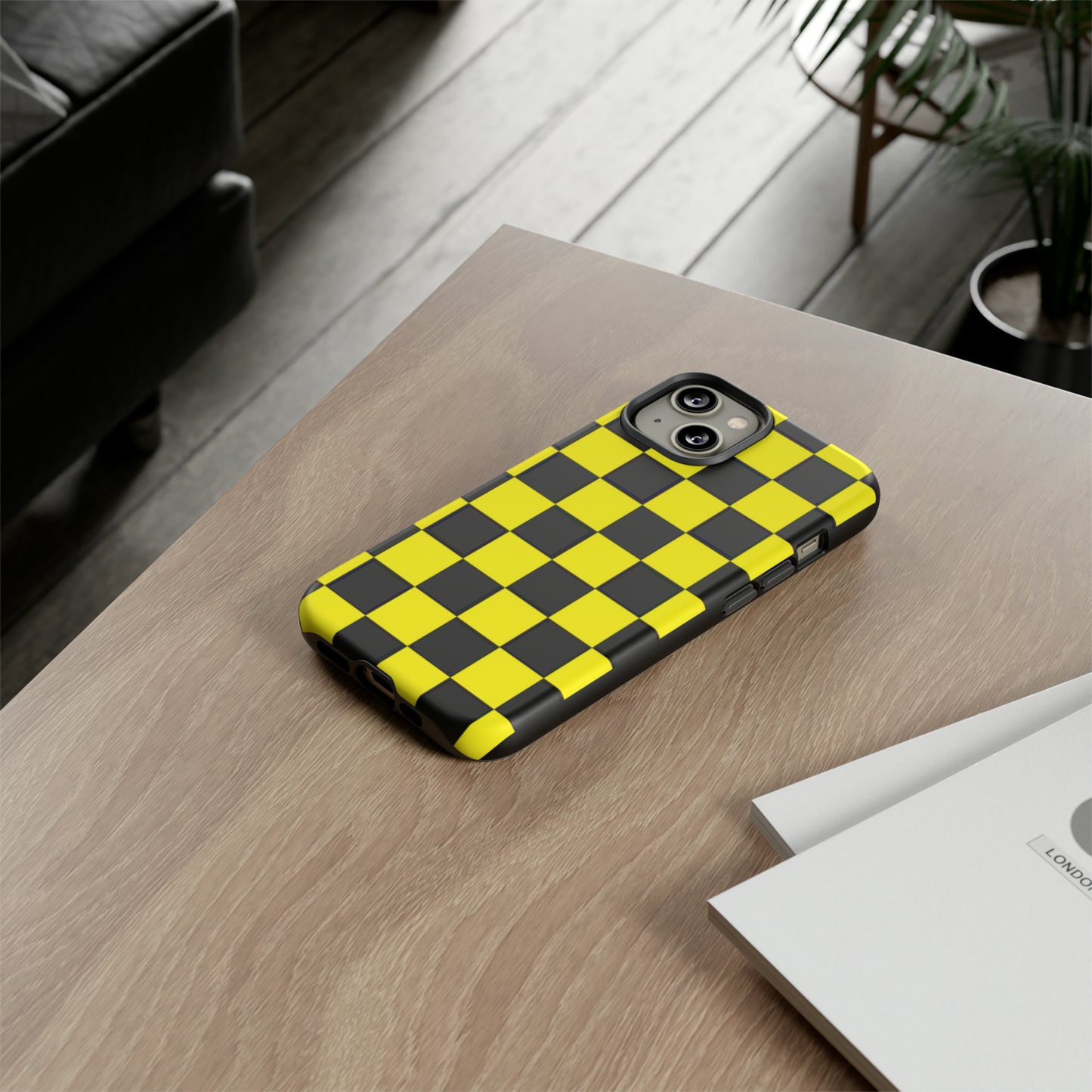 Yellow and Black Checkers with Black background: 46-Tough Case iPhone series 15 14 13 12 11 X XR XS 8: Google series 7 6 5: Samsung series S23 S22 S21 S20 S10