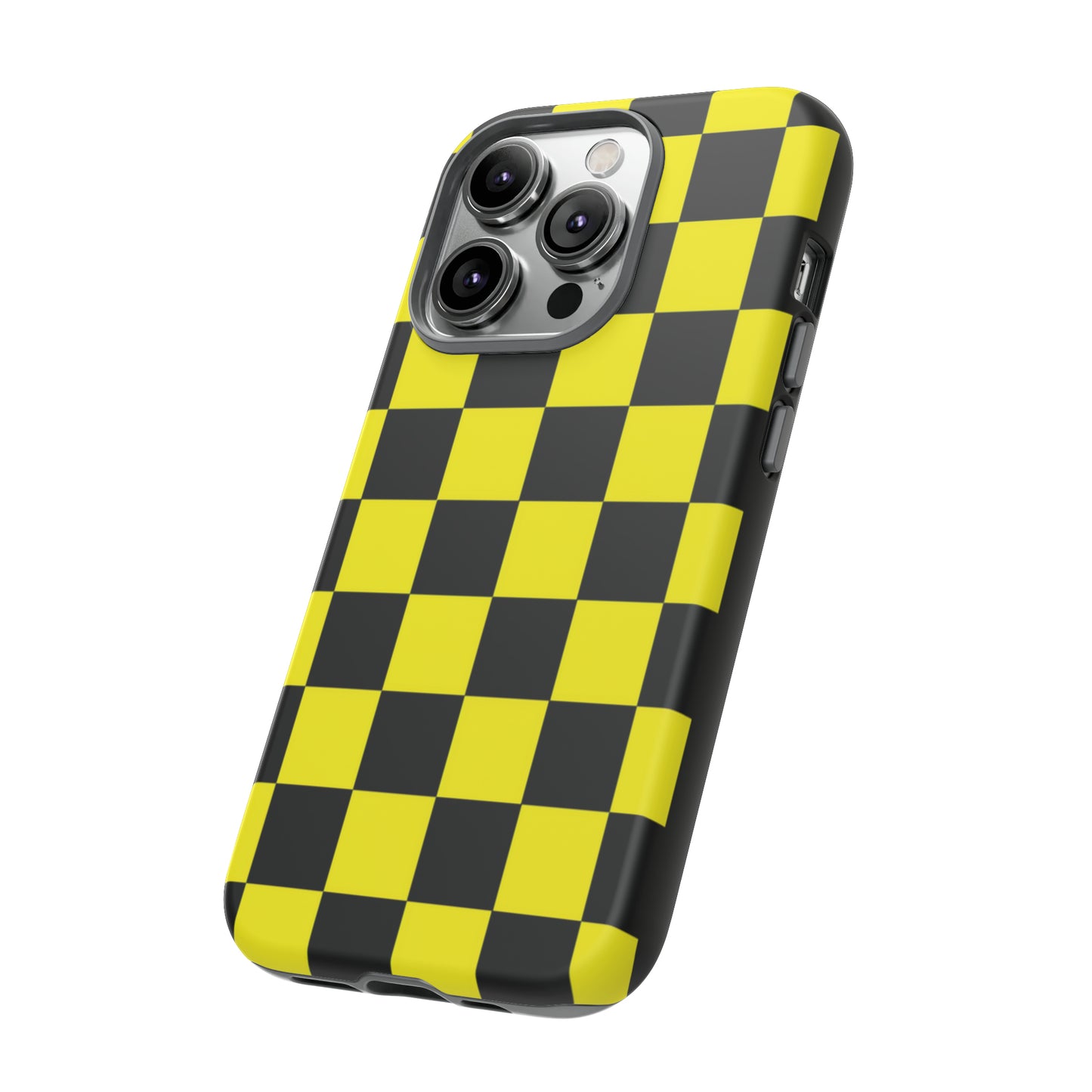 Yellow and Black Checkers with Black background: 46-Tough Case iPhone series 15 14 13 12 11 X XR XS 8: Google series 7 6 5: Samsung series S23 S22 S21 S20 S10