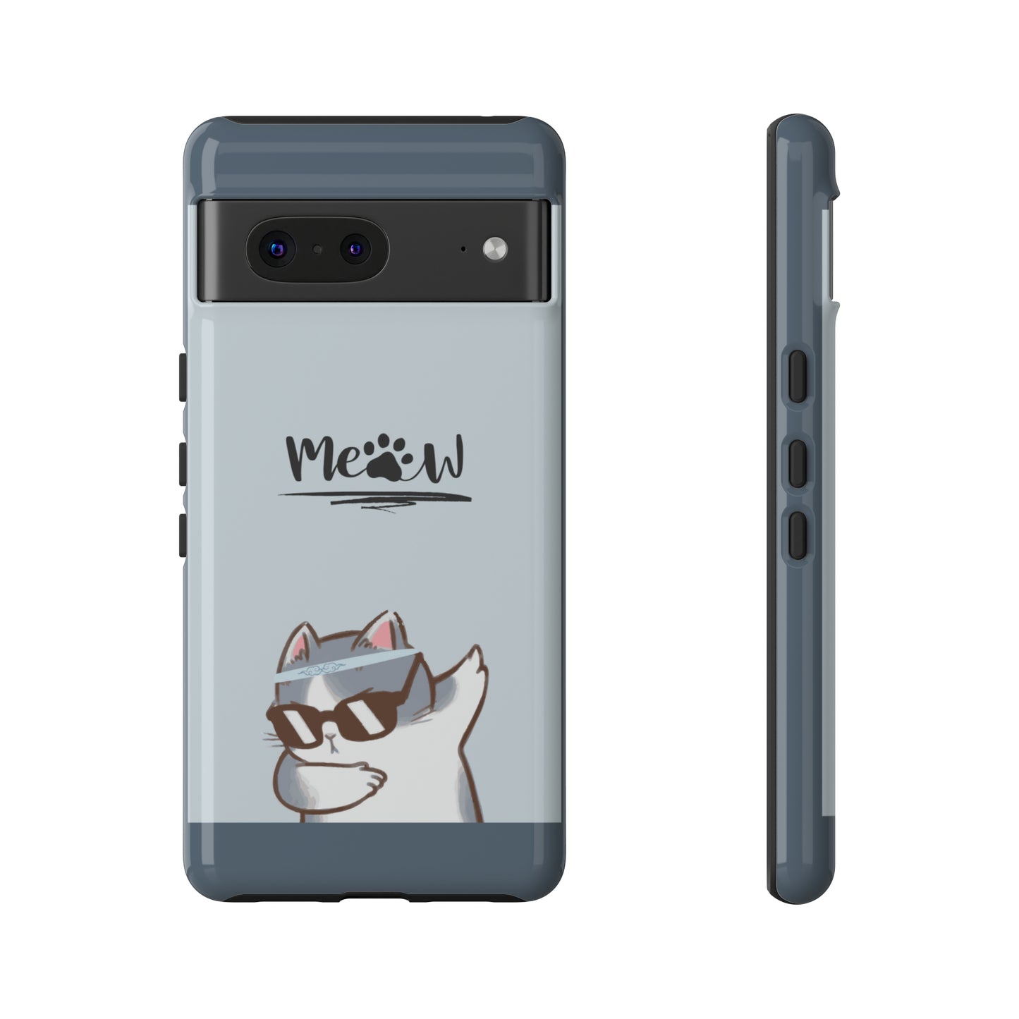 Cats Meow with slate blue background: 46-Tough Case iPhone series 15 14 13 12 11 X XR XS 8: Google series 7 6 5: Samsung series S23 S22 S21 S20 S10