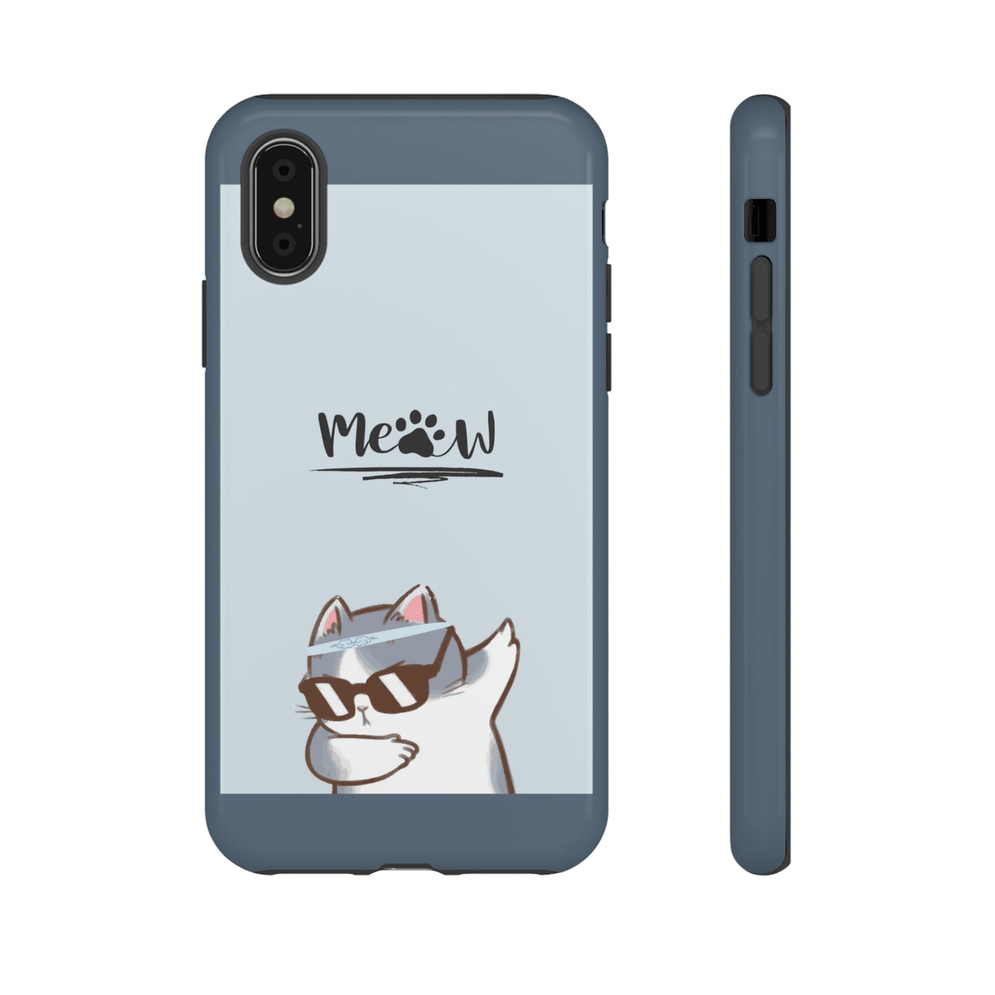 Cats Meow with slate blue background: 46-Tough Case iPhone series 15 14 13 12 11 X XR XS 8: Google series 7 6 5: Samsung series S23 S22 S21 S20 S10