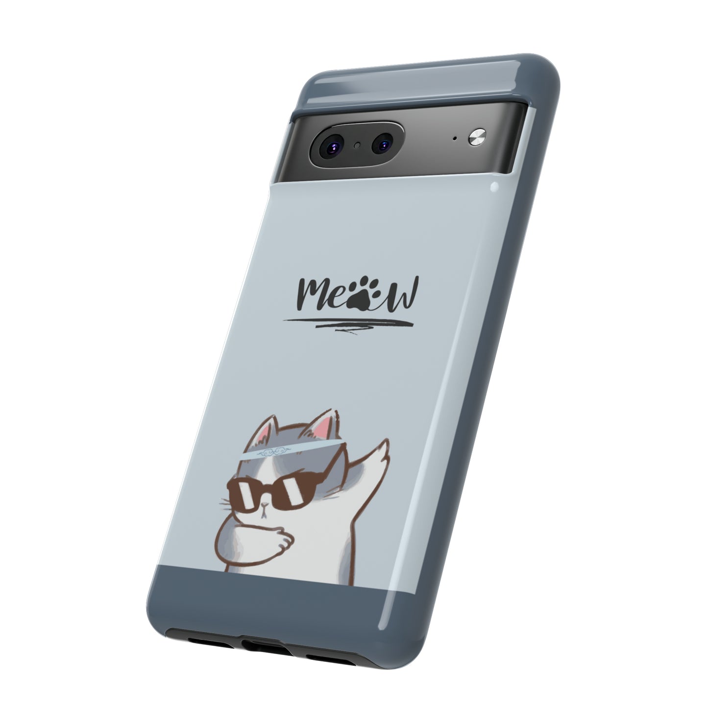 Cats Meow with slate blue background: 46-Tough Case iPhone series 15 14 13 12 11 X XR XS 8: Google series 7 6 5: Samsung series S23 S22 S21 S20 S10