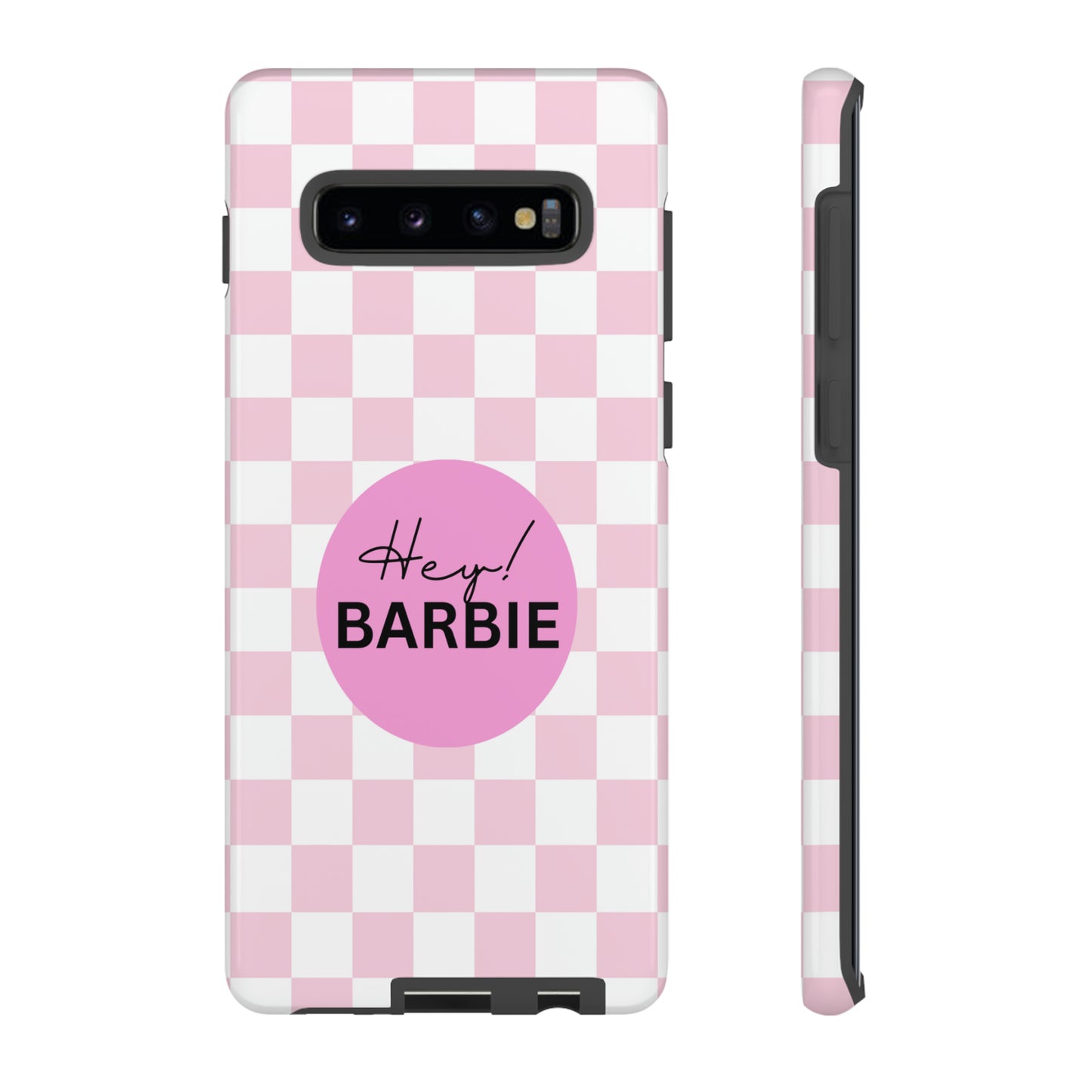 Pink and White Hey Barbie: 46-Tough Case iPhone series 15 14 13 12 11 X XR XS 8: Google series 7 6 5: Samsung series S23 S22 S21 S20 S10