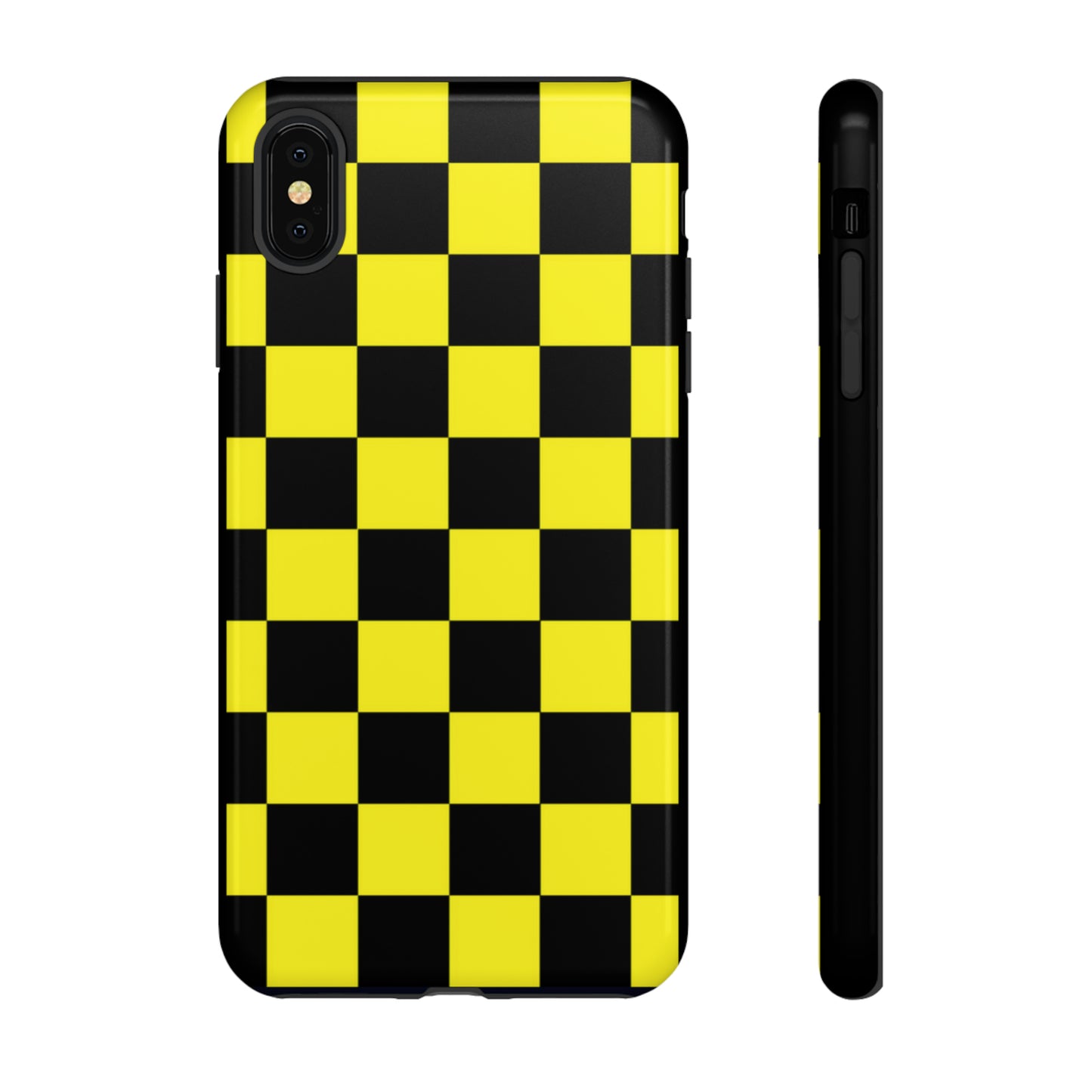 Yellow and Black Checkers with Black background: 46-Tough Case iPhone series 15 14 13 12 11 X XR XS 8: Google series 7 6 5: Samsung series S23 S22 S21 S20 S10