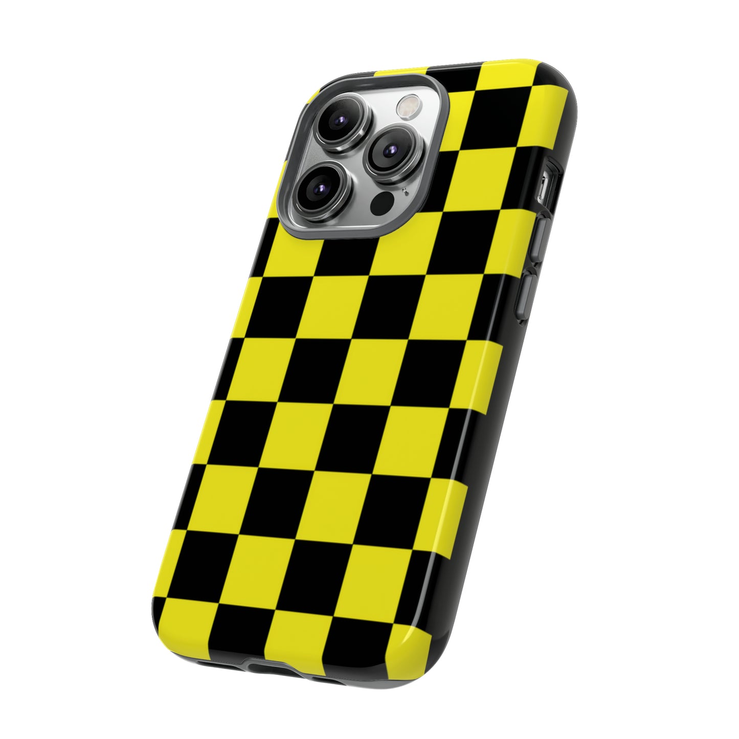 Yellow and Black Checkers with Black background: 46-Tough Case iPhone series 15 14 13 12 11 X XR XS 8: Google series 7 6 5: Samsung series S23 S22 S21 S20 S10