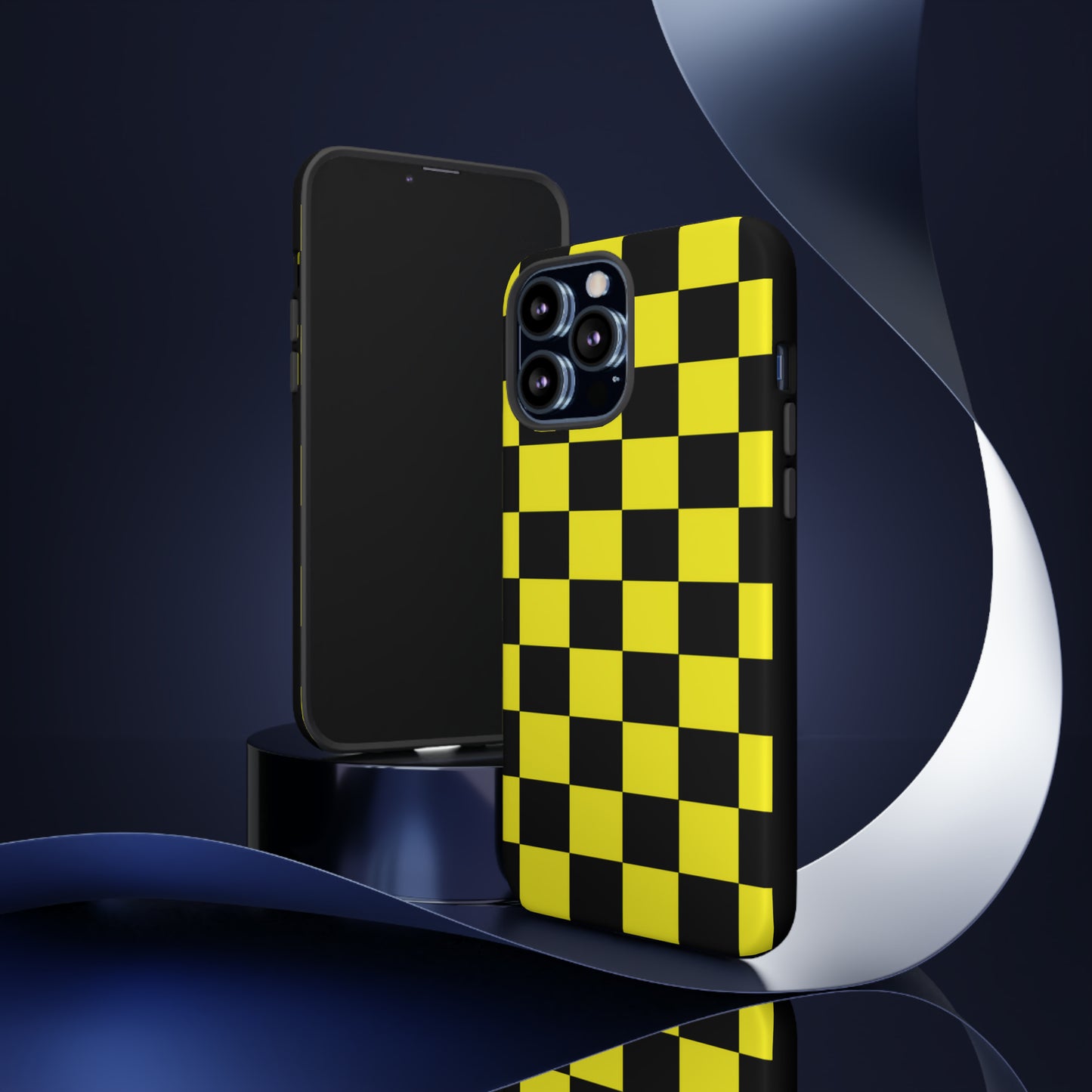 Yellow and Black Checkers with Black background: 46-Tough Case iPhone series 15 14 13 12 11 X XR XS 8: Google series 7 6 5: Samsung series S23 S22 S21 S20 S10