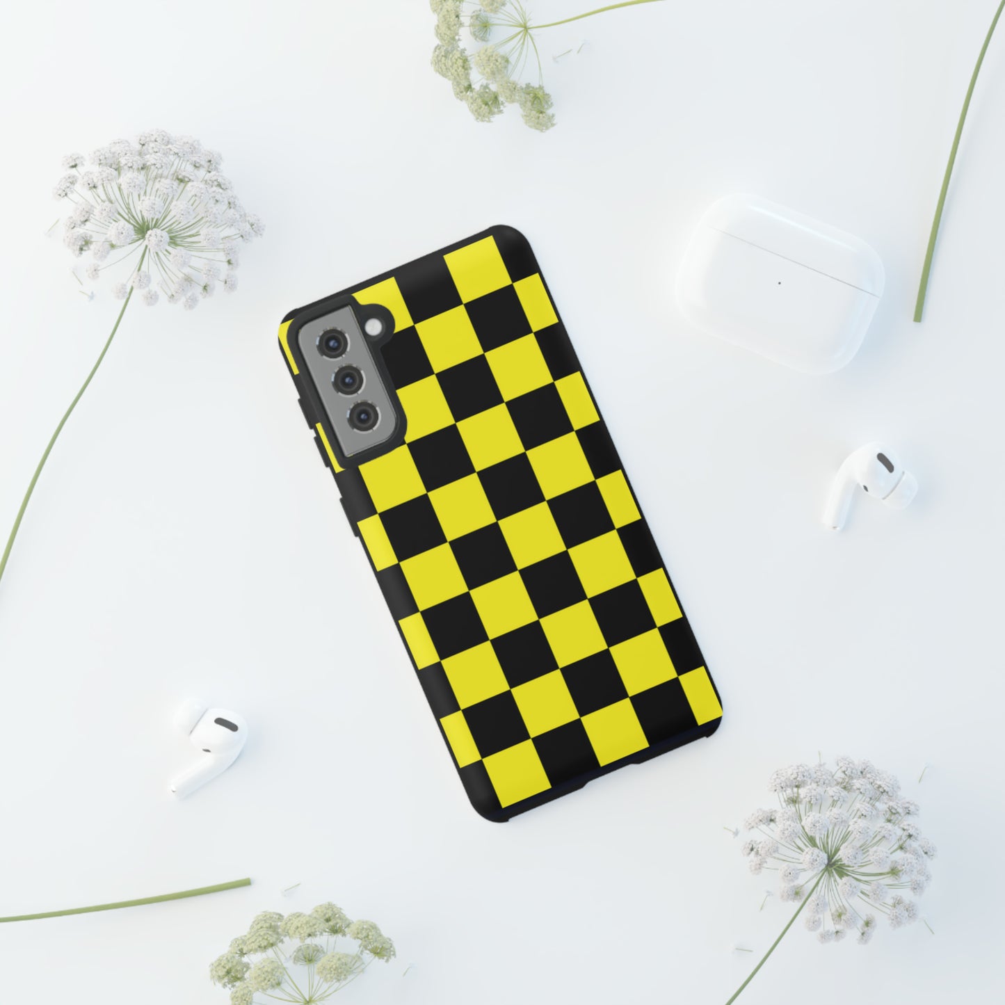 Yellow and Black Checkers with Black background: 46-Tough Case iPhone series 15 14 13 12 11 X XR XS 8: Google series 7 6 5: Samsung series S23 S22 S21 S20 S10