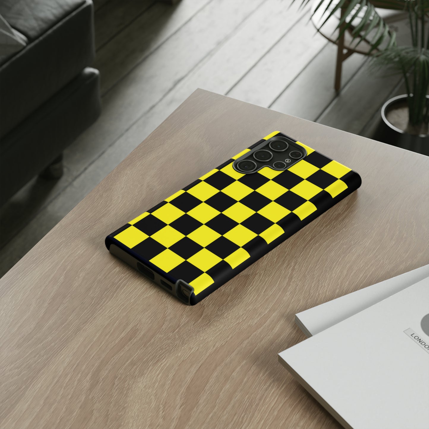 Yellow and Black Checkers with Black background: 46-Tough Case iPhone series 15 14 13 12 11 X XR XS 8: Google series 7 6 5: Samsung series S23 S22 S21 S20 S10