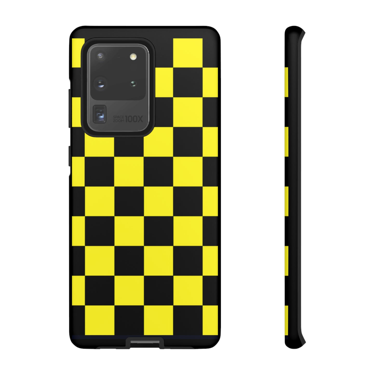 Yellow and Black Checkers with Black background: 46-Tough Case iPhone series 15 14 13 12 11 X XR XS 8: Google series 7 6 5: Samsung series S23 S22 S21 S20 S10