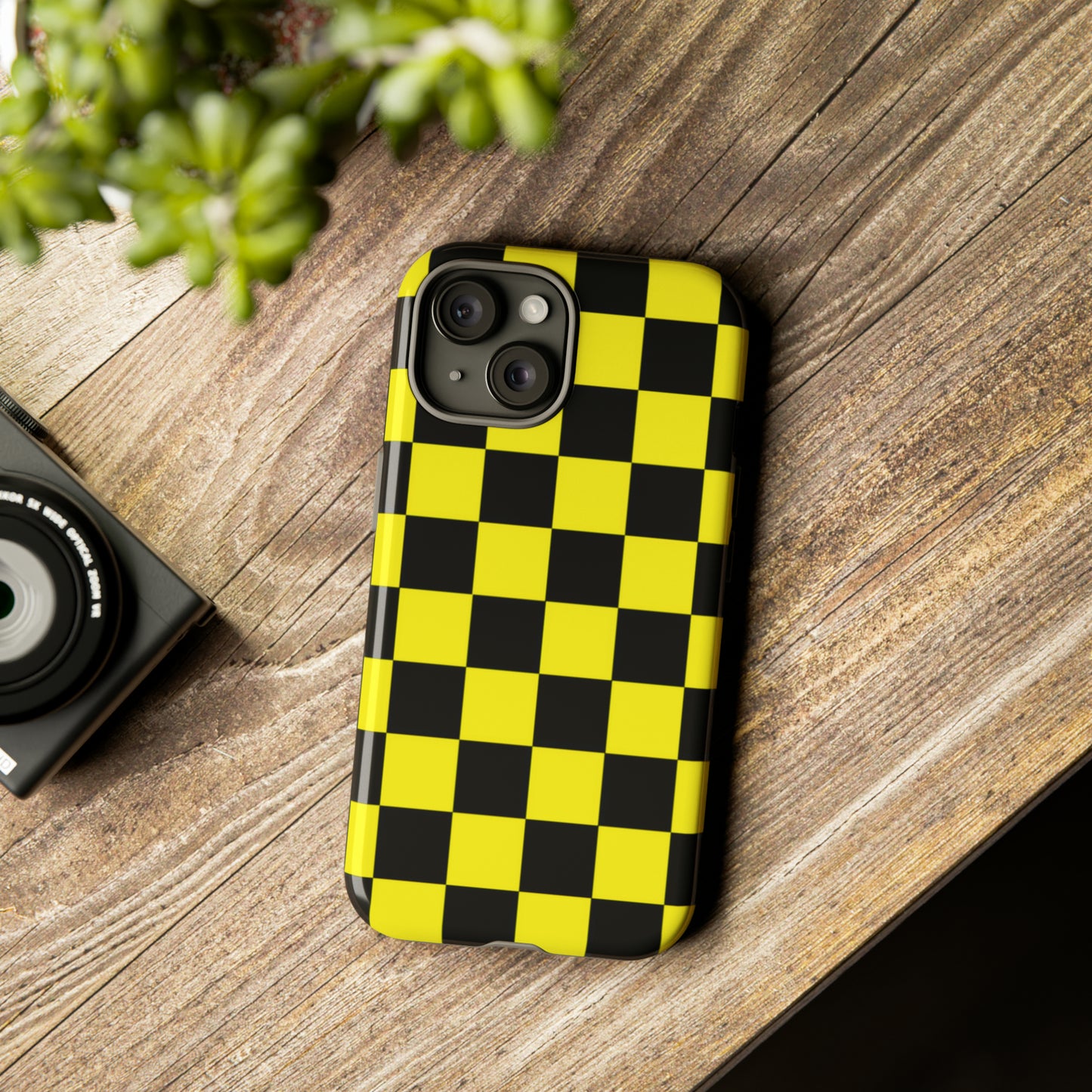 Yellow and Black Checkers with Black background: 46-Tough Case iPhone series 15 14 13 12 11 X XR XS 8: Google series 7 6 5: Samsung series S23 S22 S21 S20 S10