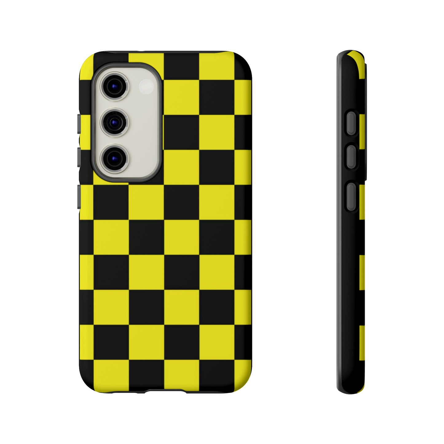 Yellow and Black Checkers with Black background: 46-Tough Case iPhone series 15 14 13 12 11 X XR XS 8: Google series 7 6 5: Samsung series S23 S22 S21 S20 S10