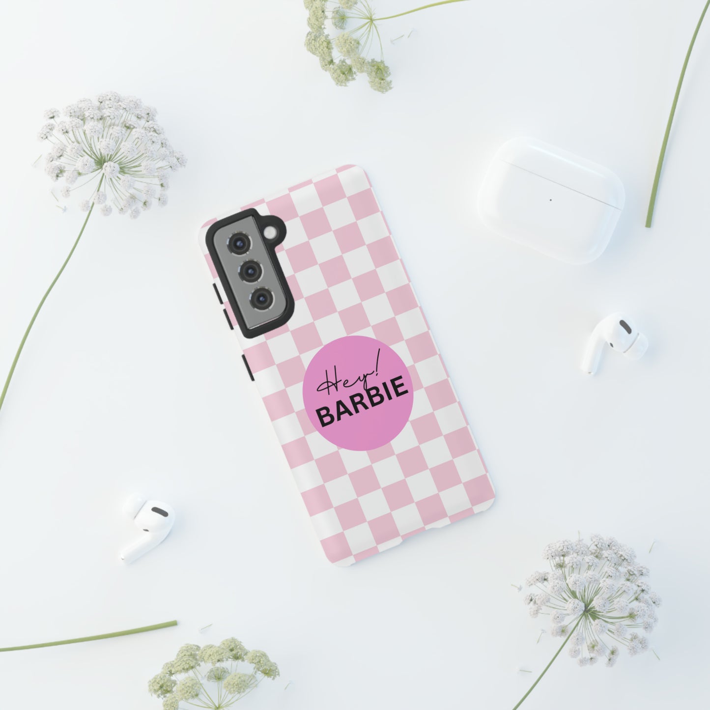 Pink and White Hey Barbie: 46-Tough Case iPhone series 15 14 13 12 11 X XR XS 8: Google series 7 6 5: Samsung series S23 S22 S21 S20 S10