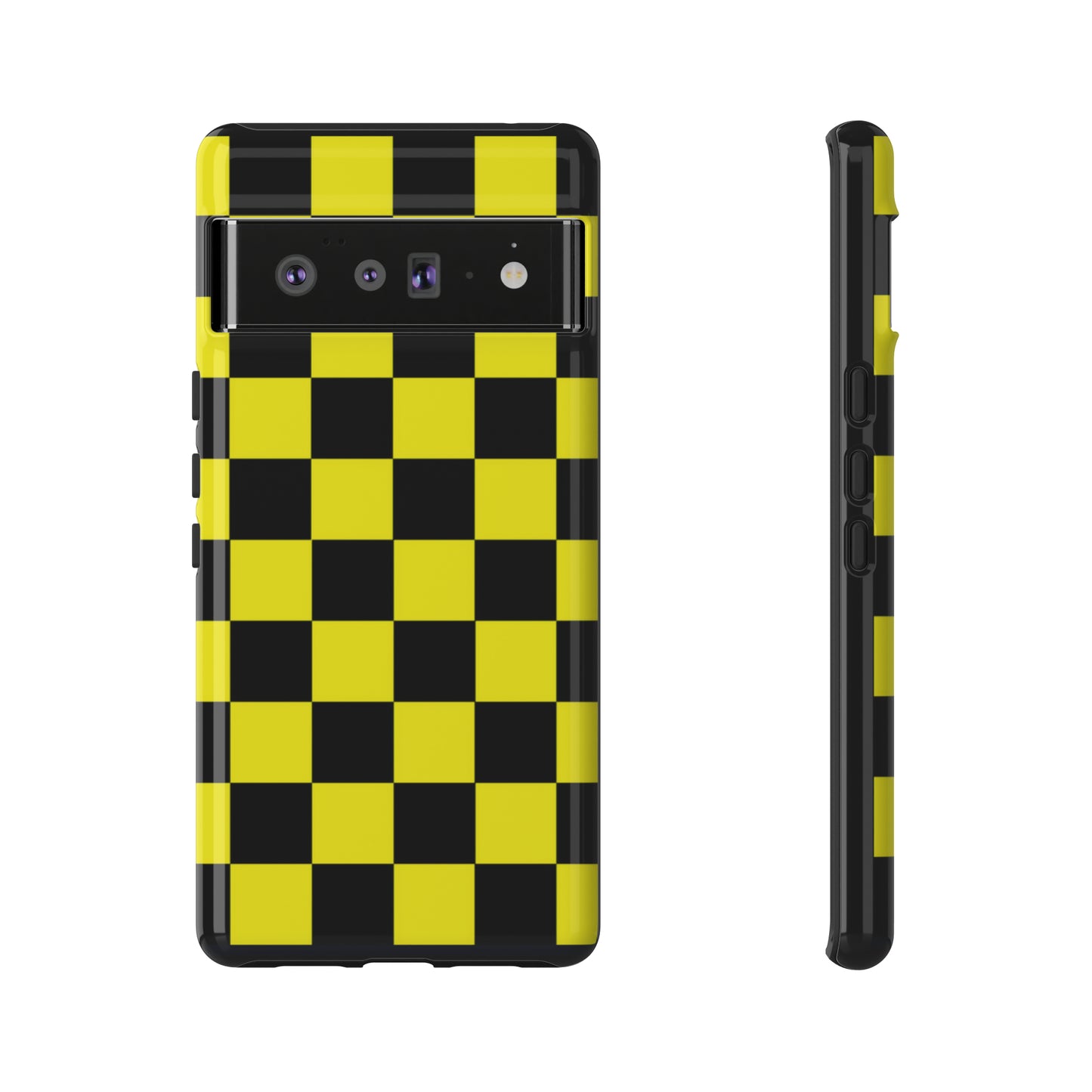 Yellow and Black Checkers with Black background: 46-Tough Case iPhone series 15 14 13 12 11 X XR XS 8: Google series 7 6 5: Samsung series S23 S22 S21 S20 S10