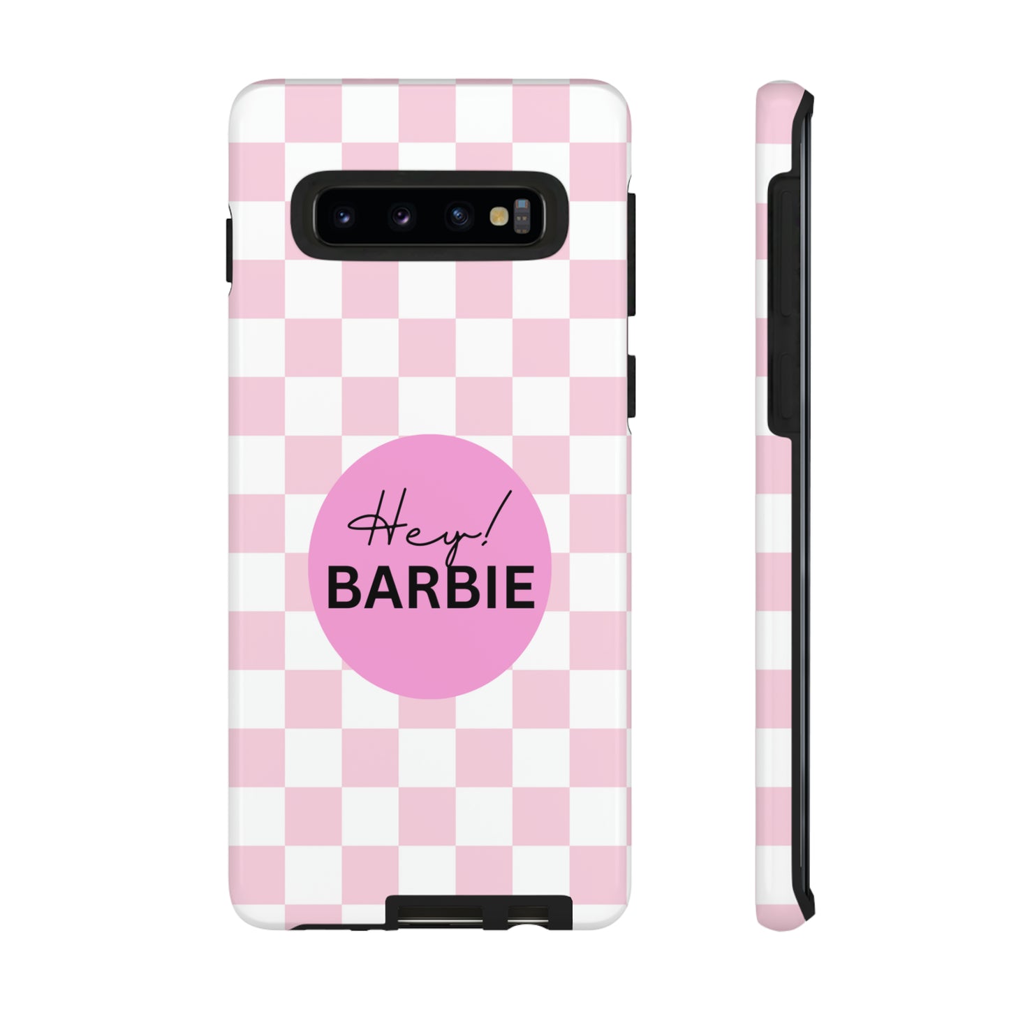 Pink and White Hey Barbie: 46-Tough Case iPhone series 15 14 13 12 11 X XR XS 8: Google series 7 6 5: Samsung series S23 S22 S21 S20 S10