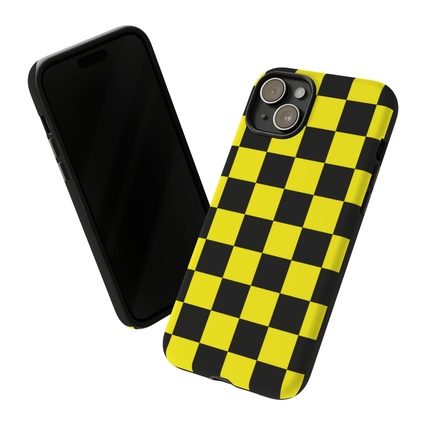 Yellow and Black Checkers with Black background: 46-Tough Case iPhone series 15 14 13 12 11 X XR XS 8: Google series 7 6 5: Samsung series S23 S22 S21 S20 S10