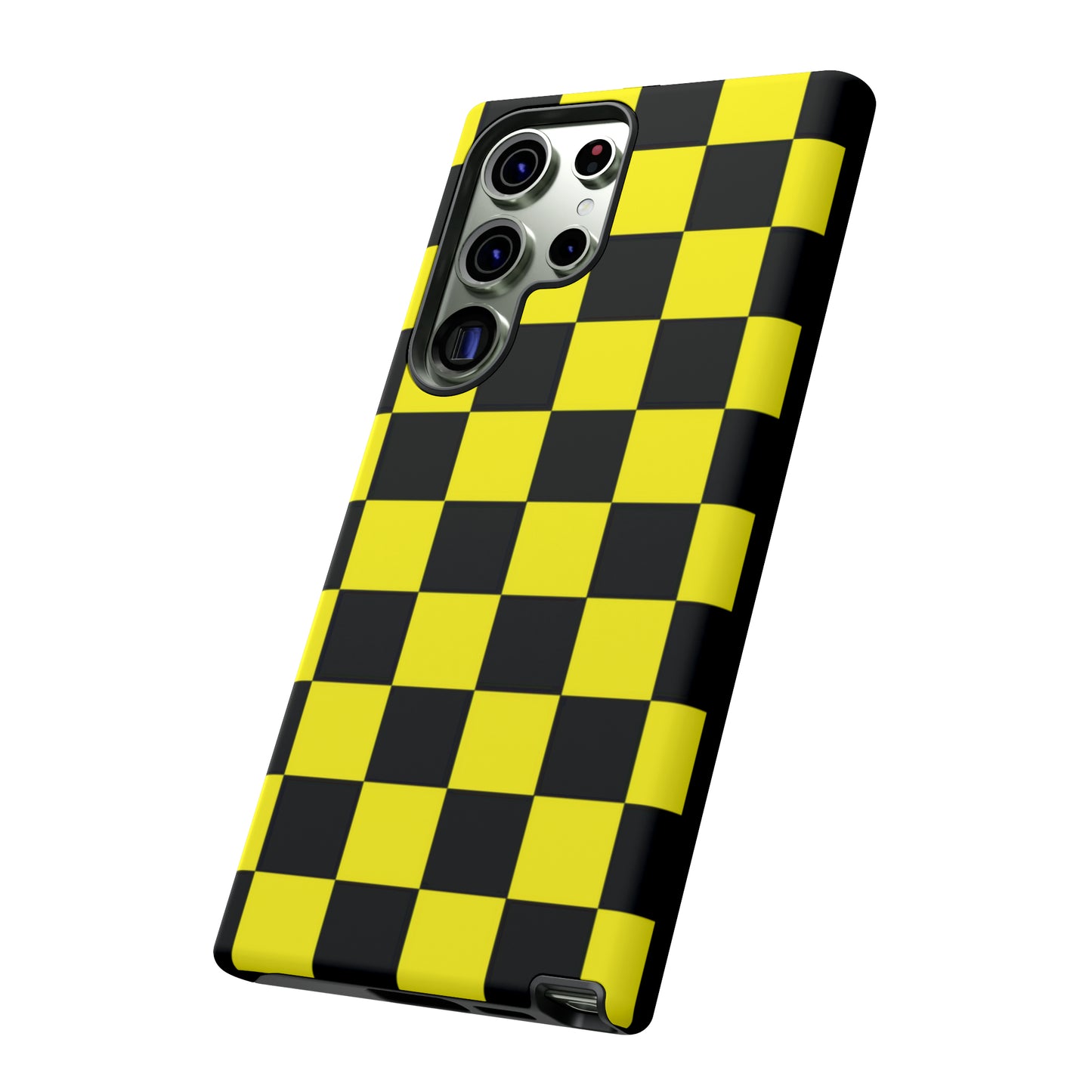 Yellow and Black Checkers with Black background: 46-Tough Case iPhone series 15 14 13 12 11 X XR XS 8: Google series 7 6 5: Samsung series S23 S22 S21 S20 S10