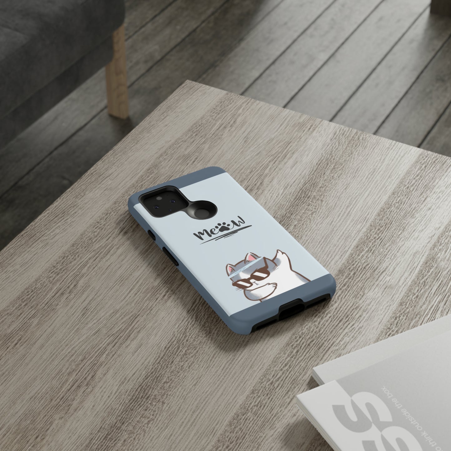 Cats Meow with slate blue background: 46-Tough Case iPhone series 15 14 13 12 11 X XR XS 8: Google series 7 6 5: Samsung series S23 S22 S21 S20 S10