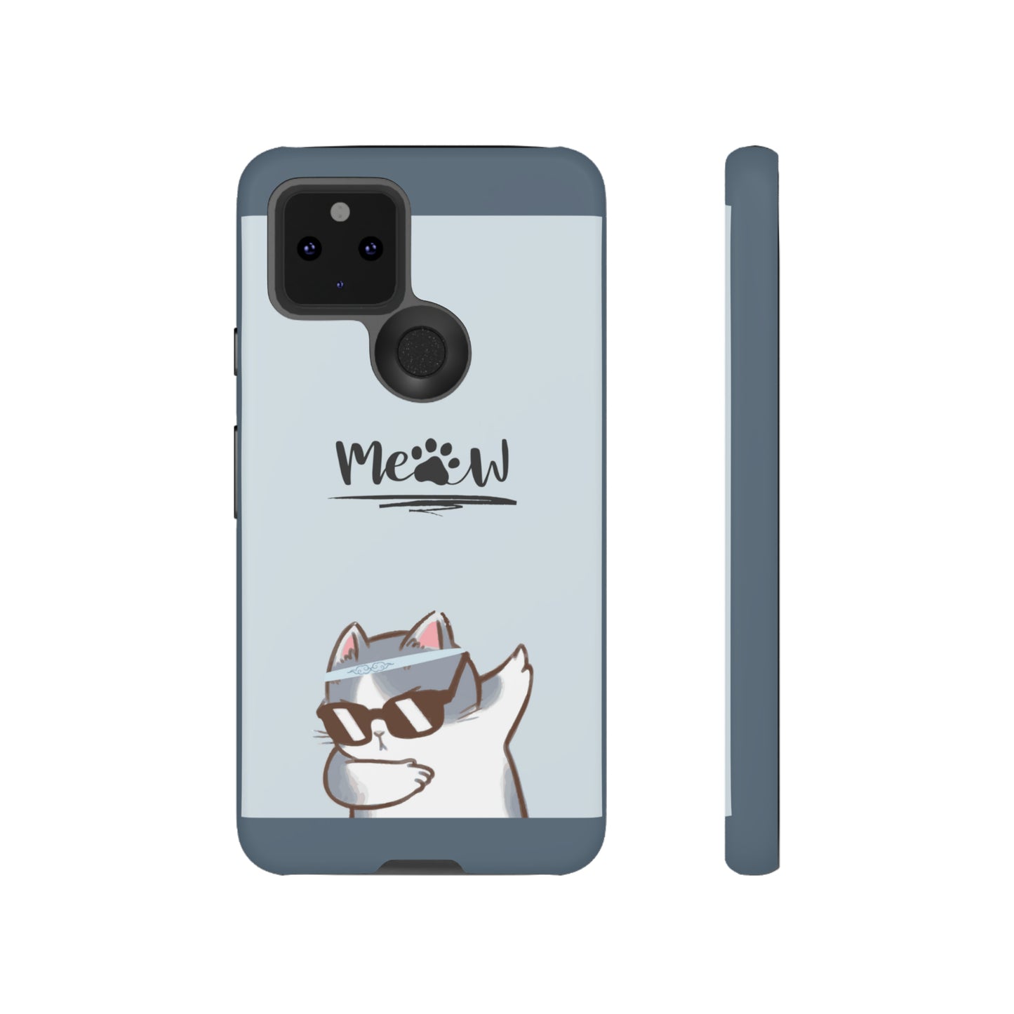 Cats Meow with slate blue background: 46-Tough Case iPhone series 15 14 13 12 11 X XR XS 8: Google series 7 6 5: Samsung series S23 S22 S21 S20 S10