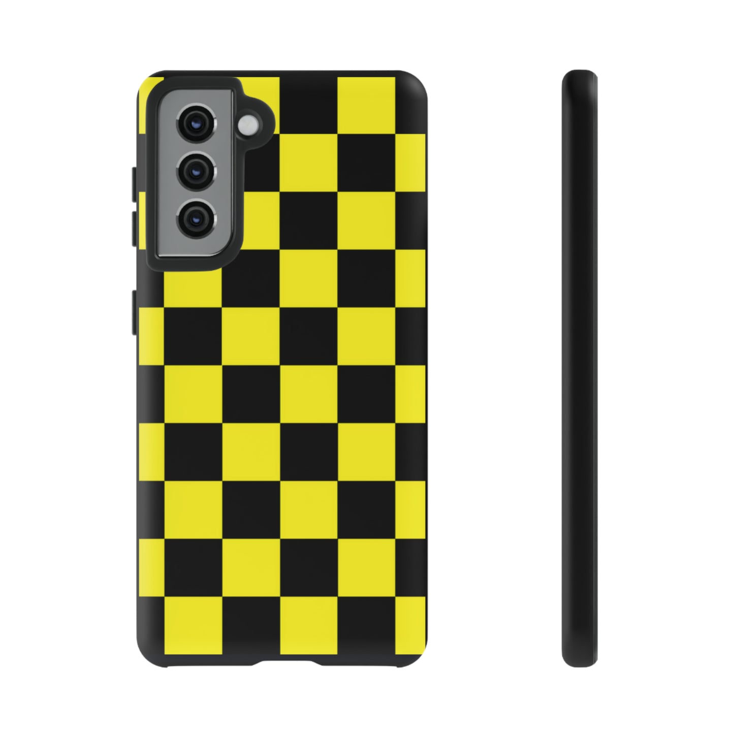 Yellow and Black Checkers with Black background: 46-Tough Case iPhone series 15 14 13 12 11 X XR XS 8: Google series 7 6 5: Samsung series S23 S22 S21 S20 S10