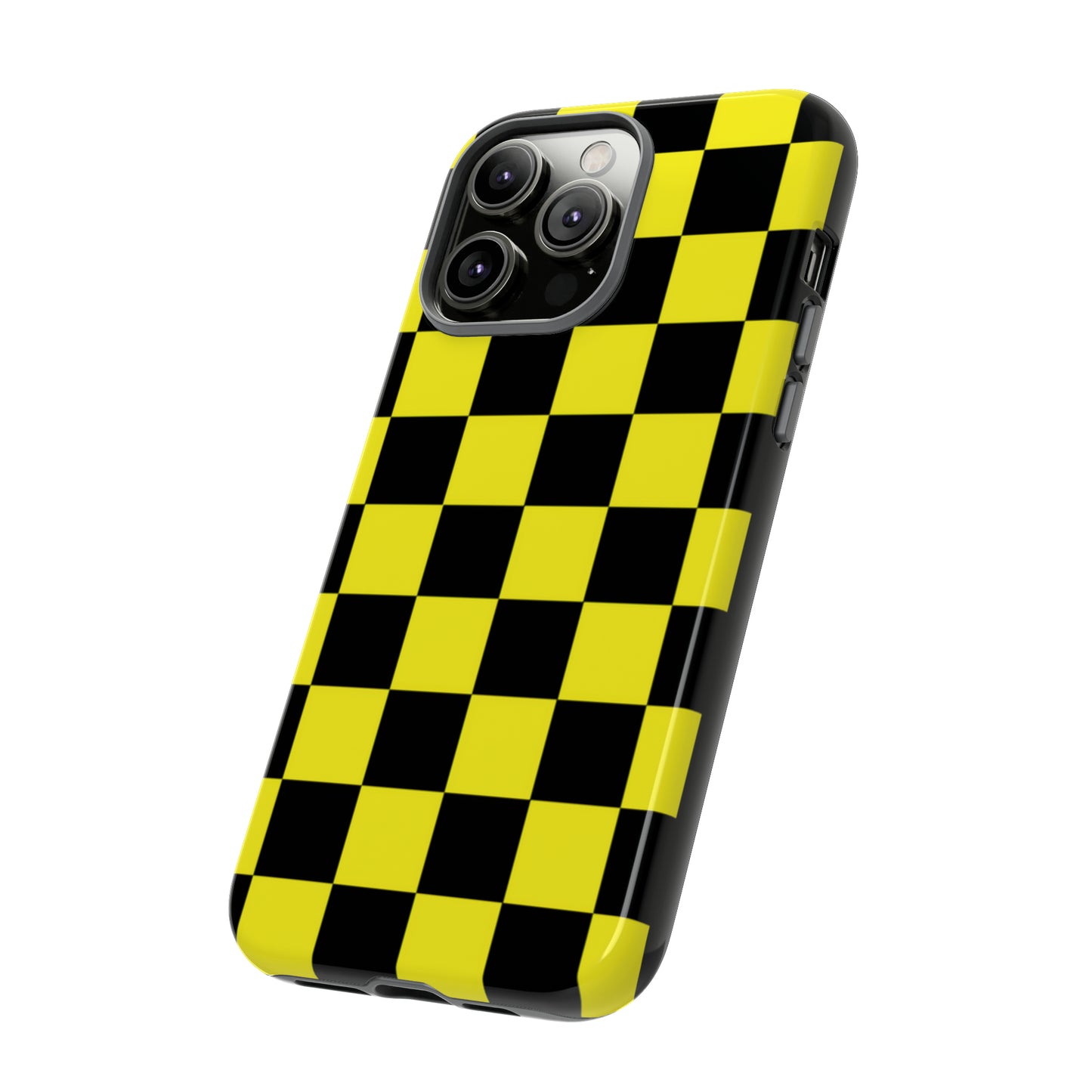 Yellow and Black Checkers with Black background: 46-Tough Case iPhone series 15 14 13 12 11 X XR XS 8: Google series 7 6 5: Samsung series S23 S22 S21 S20 S10