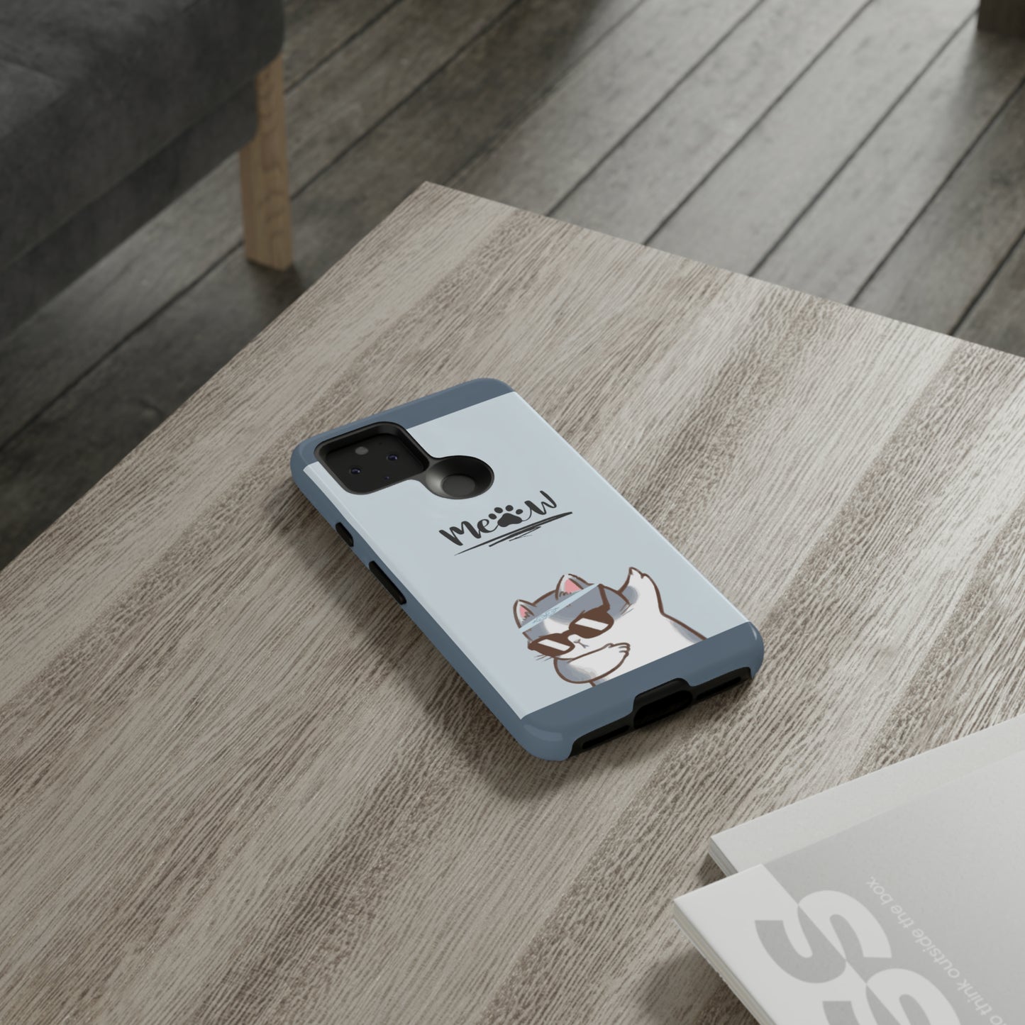 Cats Meow with slate blue background: 46-Tough Case iPhone series 15 14 13 12 11 X XR XS 8: Google series 7 6 5: Samsung series S23 S22 S21 S20 S10