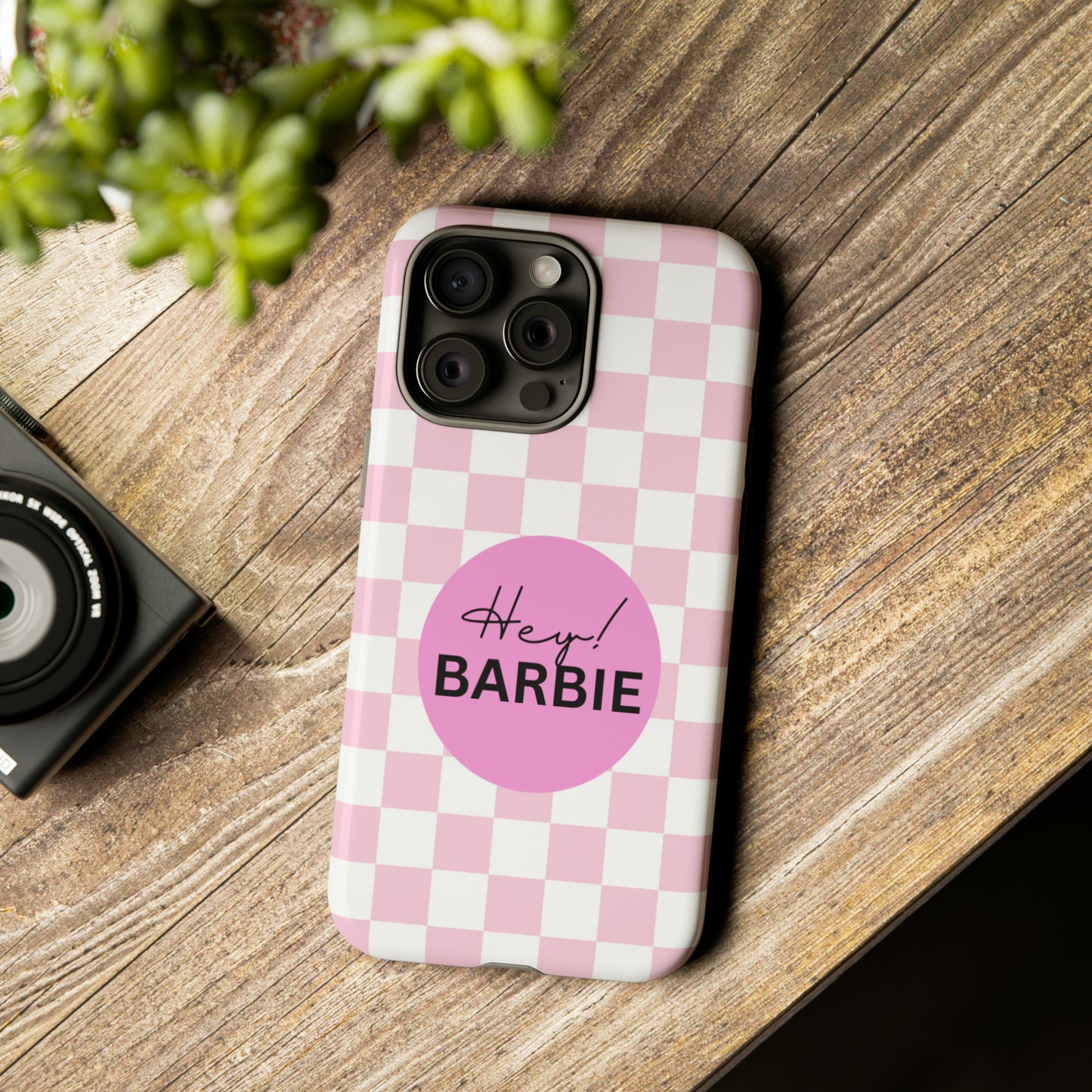 Pink and White Hey Barbie: 46-Tough Case iPhone series 15 14 13 12 11 X XR XS 8: Google series 7 6 5: Samsung series S23 S22 S21 S20 S10