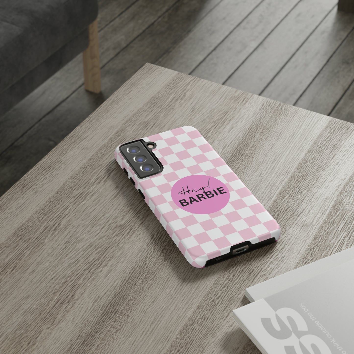 Pink and White Hey Barbie: 46-Tough Case iPhone series 15 14 13 12 11 X XR XS 8: Google series 7 6 5: Samsung series S23 S22 S21 S20 S10