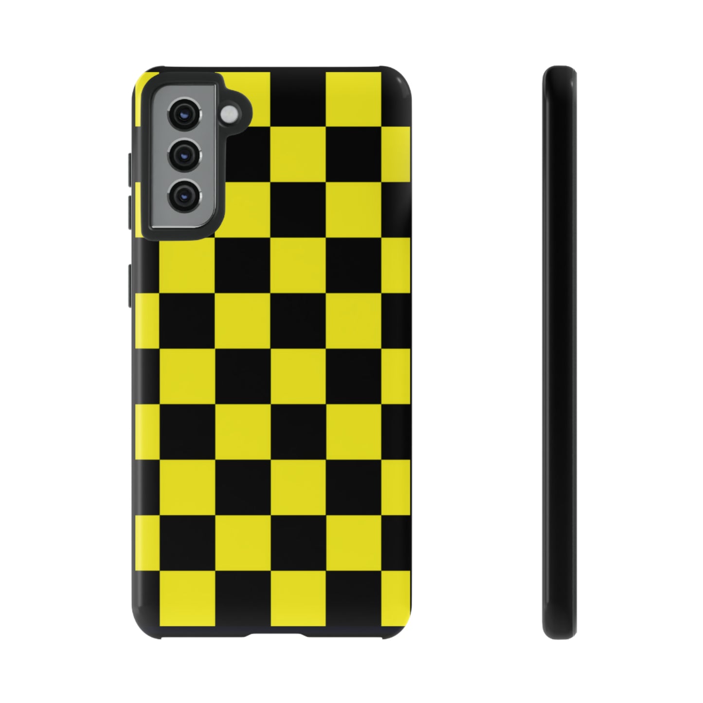 Yellow and Black Checkers with Black background: 46-Tough Case iPhone series 15 14 13 12 11 X XR XS 8: Google series 7 6 5: Samsung series S23 S22 S21 S20 S10