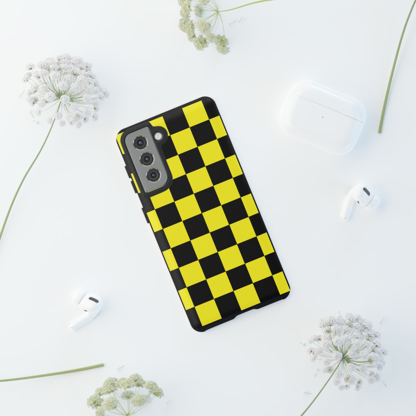 Yellow and Black Checkers with Black background: 46-Tough Case iPhone series 15 14 13 12 11 X XR XS 8: Google series 7 6 5: Samsung series S23 S22 S21 S20 S10