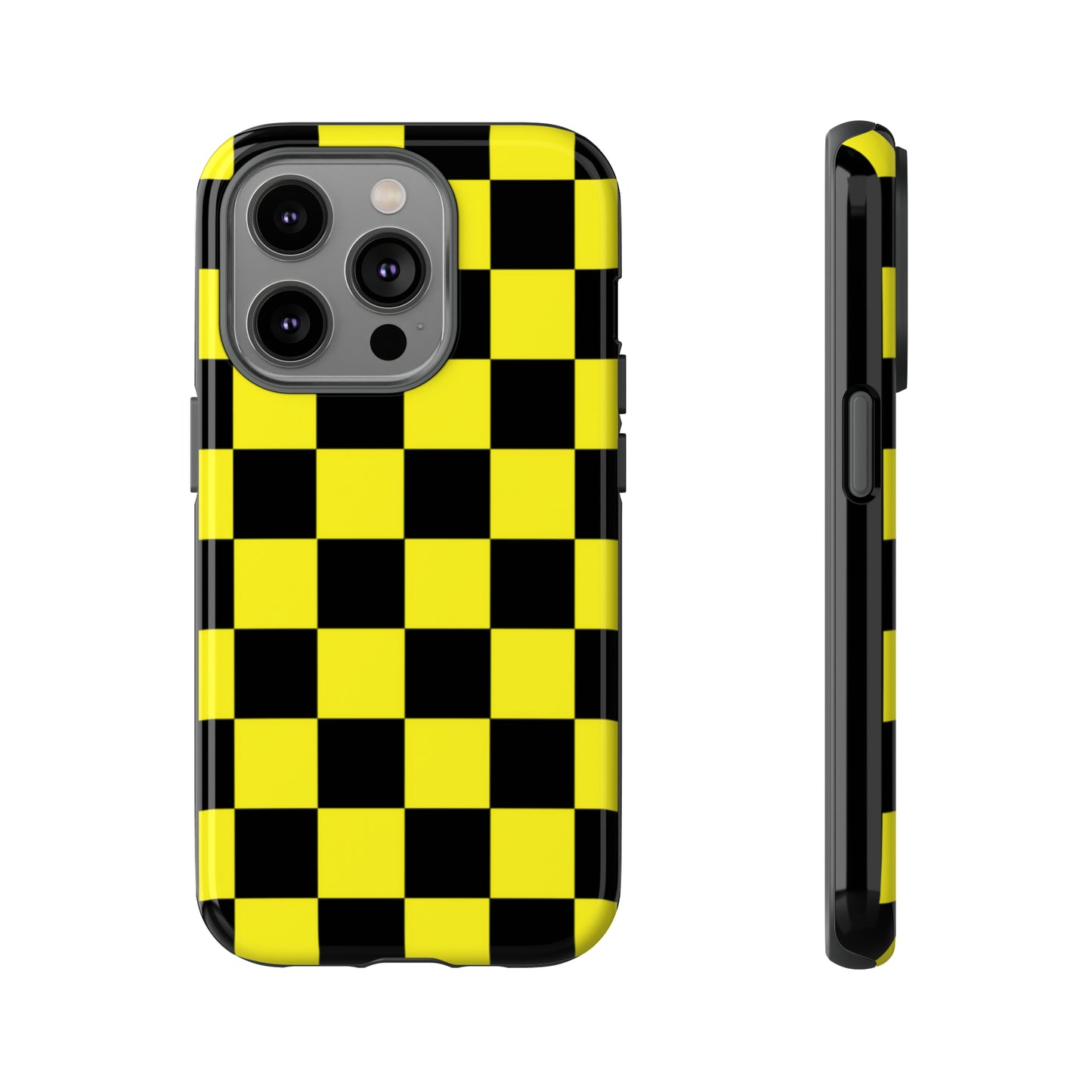 Yellow and Black Checkers with Black background: 46-Tough Case iPhone series 15 14 13 12 11 X XR XS 8: Google series 7 6 5: Samsung series S23 S22 S21 S20 S10