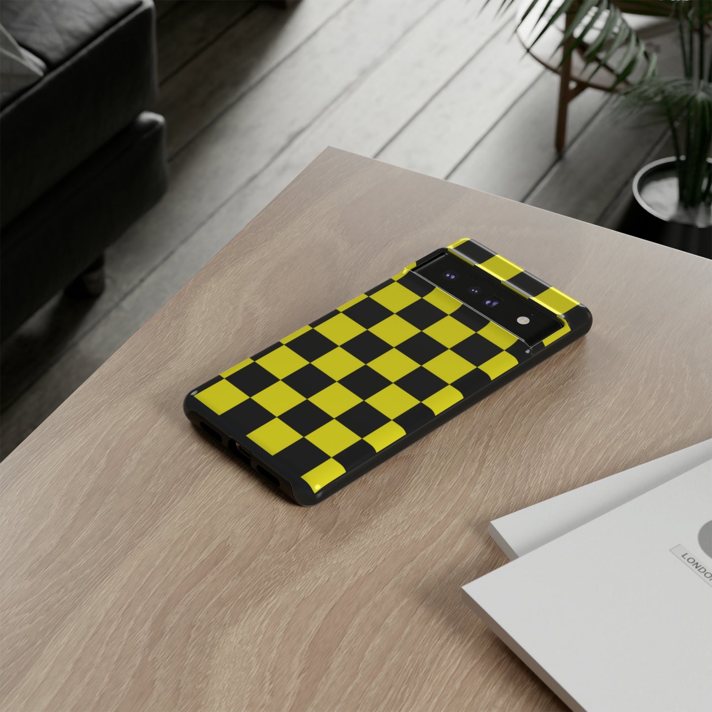 Yellow and Black Checkers with Black background: 46-Tough Case iPhone series 15 14 13 12 11 X XR XS 8: Google series 7 6 5: Samsung series S23 S22 S21 S20 S10