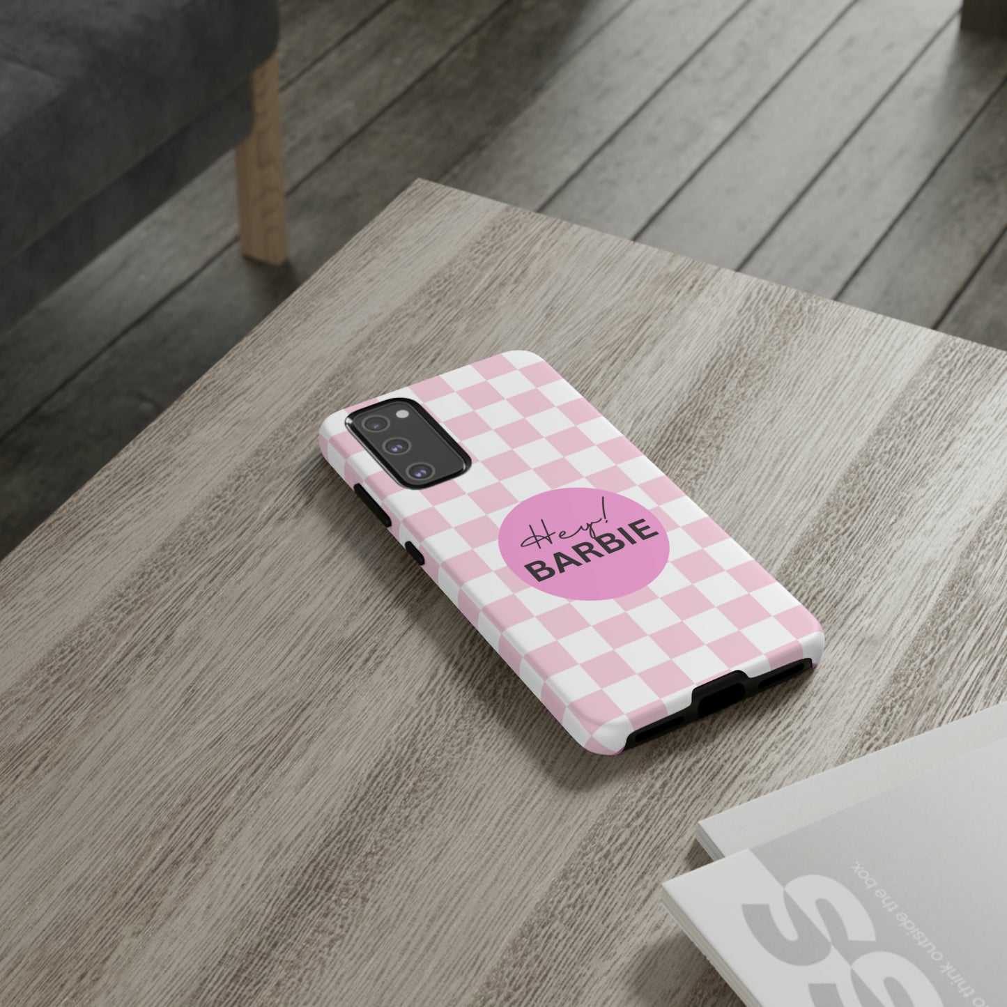 Pink and White Hey Barbie: 46-Tough Case iPhone series 15 14 13 12 11 X XR XS 8: Google series 7 6 5: Samsung series S23 S22 S21 S20 S10