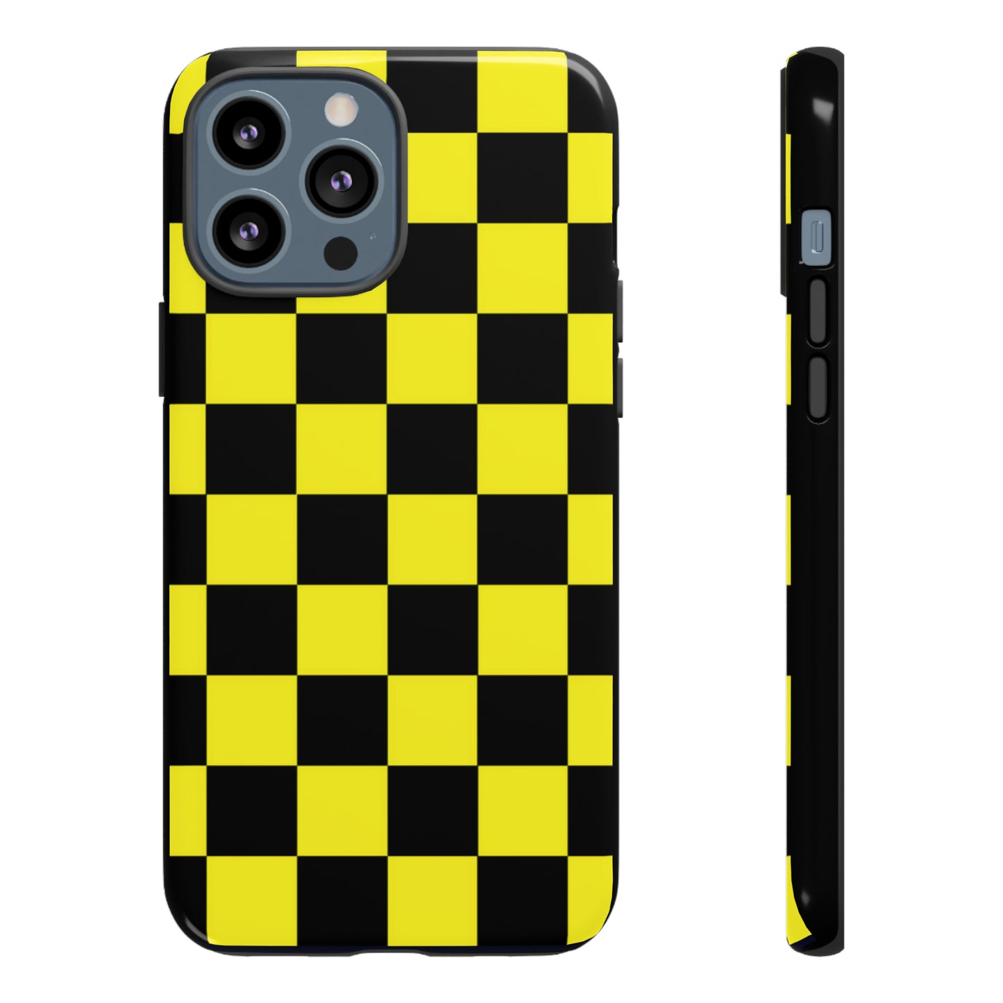 Yellow and Black Checkers with Black background: 46-Tough Case iPhone series 15 14 13 12 11 X XR XS 8: Google series 7 6 5: Samsung series S23 S22 S21 S20 S10