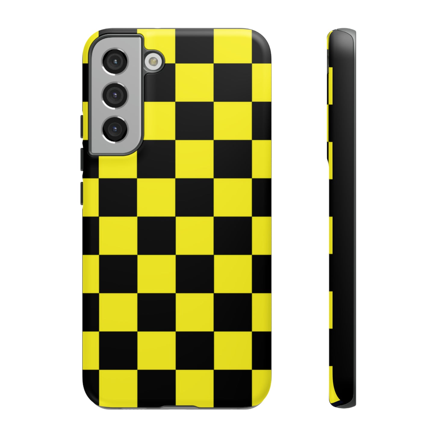 Yellow and Black Checkers with Black background: 46-Tough Case iPhone series 15 14 13 12 11 X XR XS 8: Google series 7 6 5: Samsung series S23 S22 S21 S20 S10